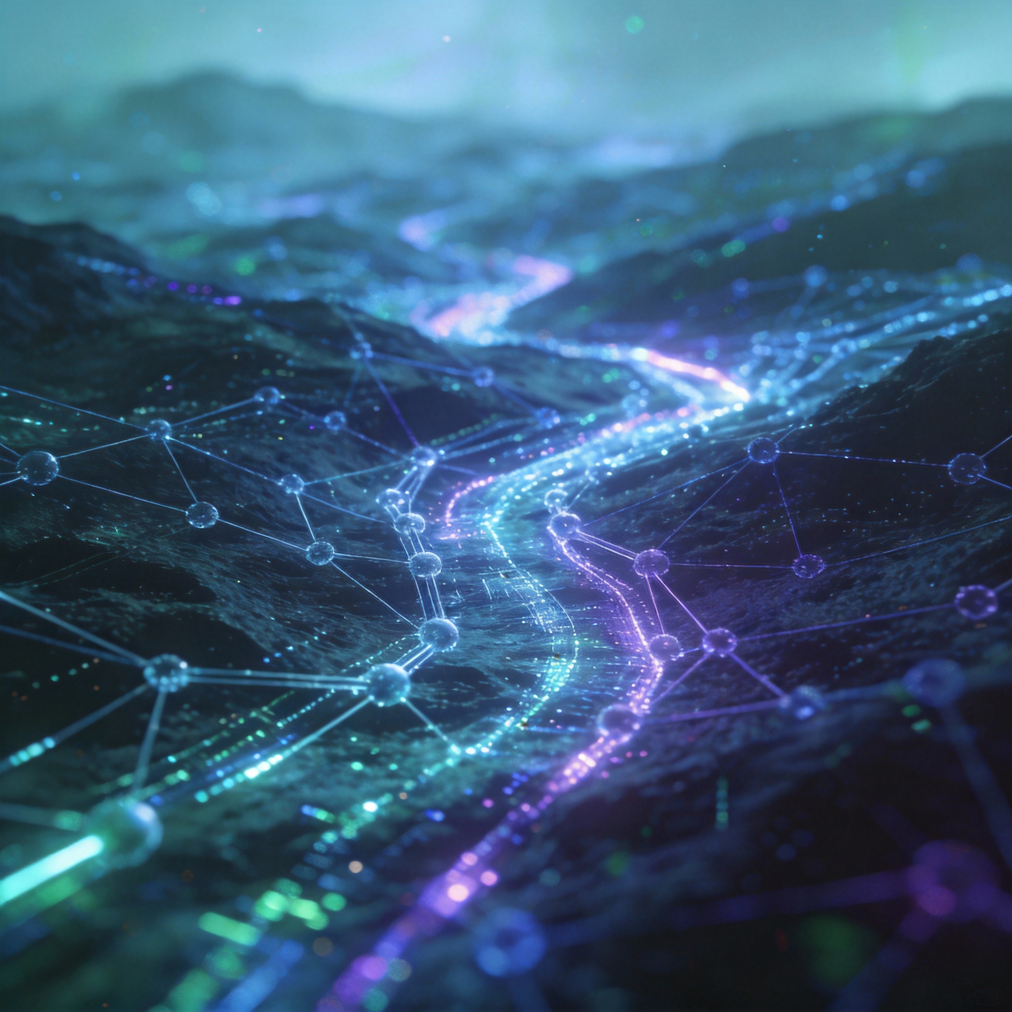 Abstract digital landscape showing interconnected nodes, symbolizing evolving AI agent fleets.