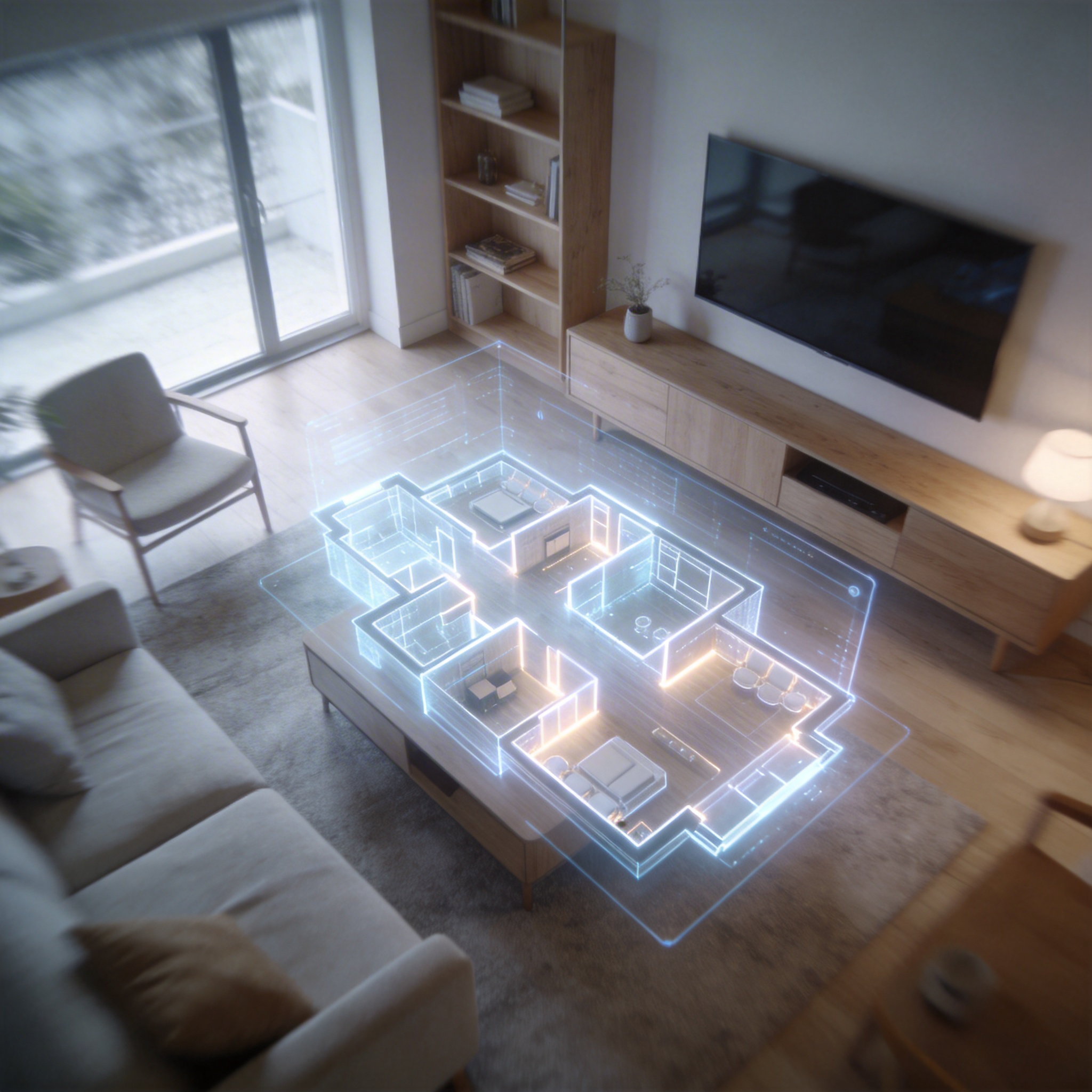 A modern, minimalist living room with a holographic floor plan overlay, representing a virtual home tour.