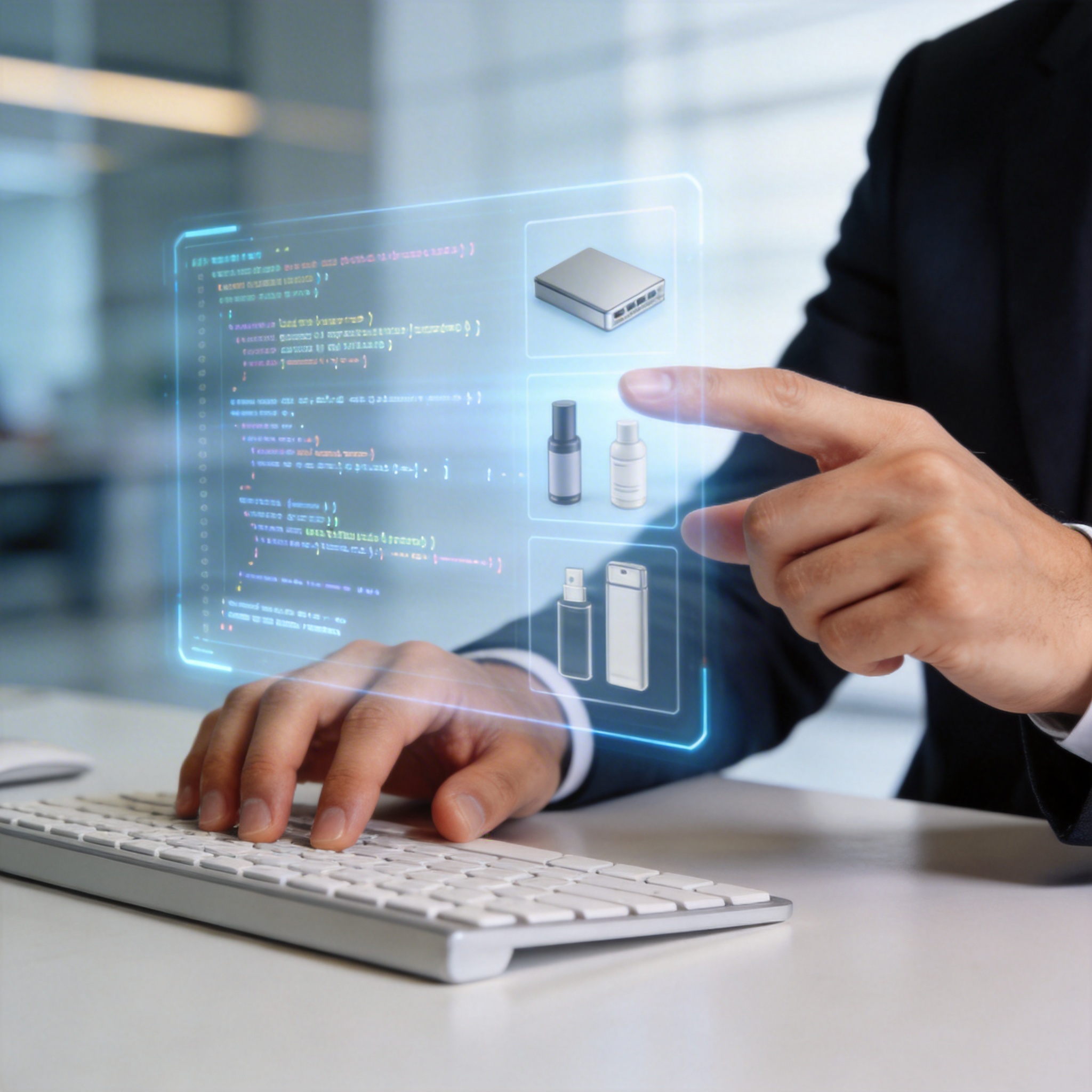 CEO's hands interacting with a holographic coding interface, representing the 'DIY CEO' trend.