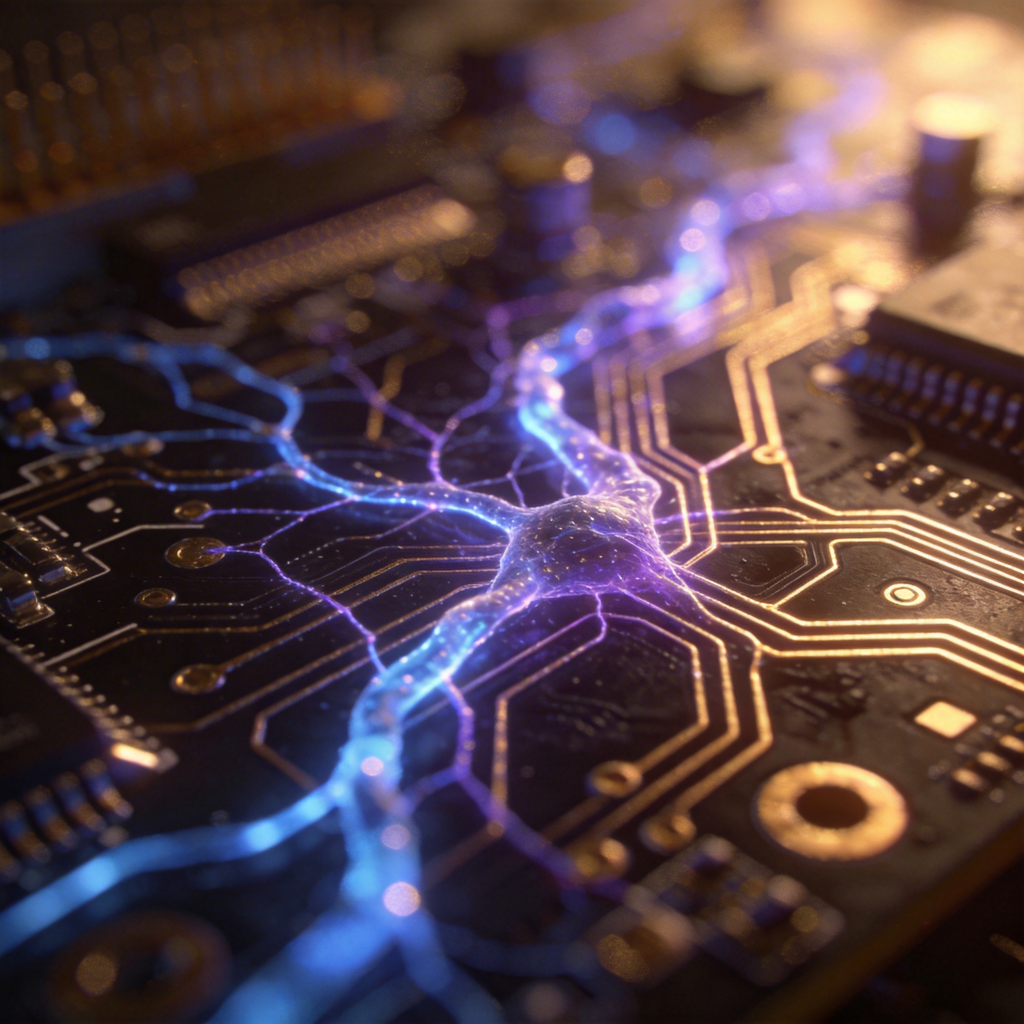 Abstract representation of AI efficiency with organic neural network pathways on a circuit board.