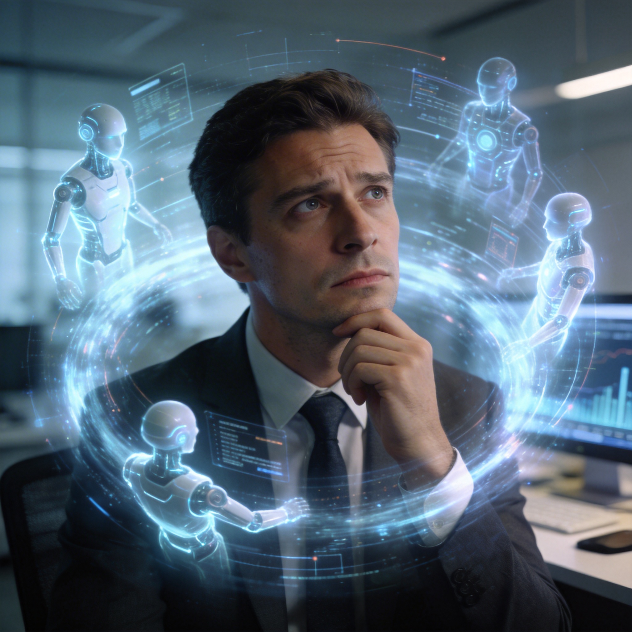 Executive surrounded by swirling holographic AI agents and data, symbolizing the challenge of Agent management.