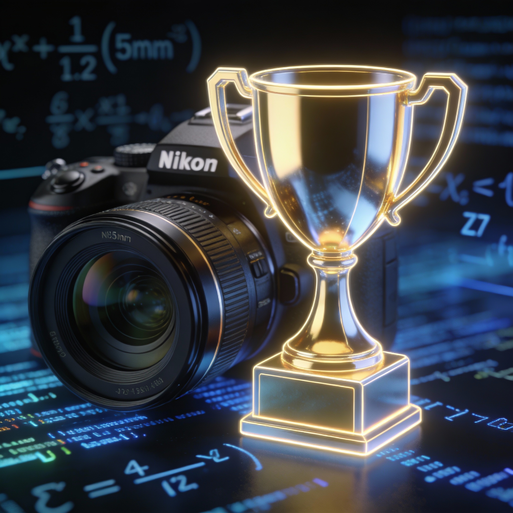 Digital trophy icon glowing over abstract math equations and code, symbolizing AI competition success.