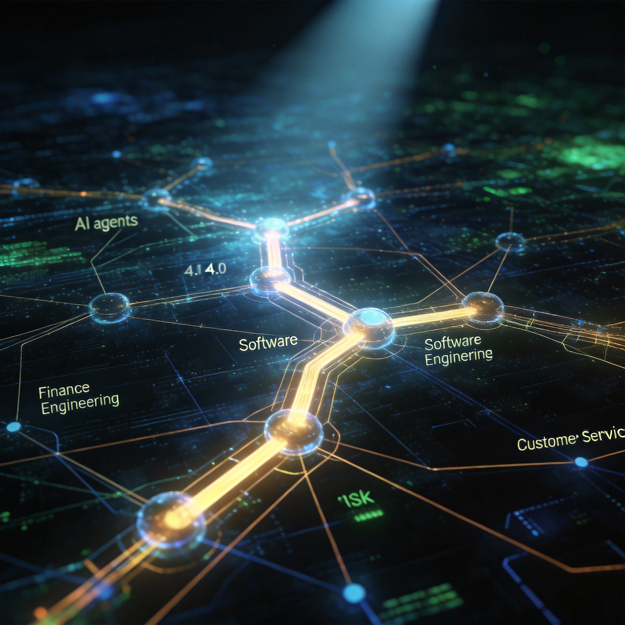 Interconnected glowing data lines and nodes representing diverse industries, symbolizing AI agent deployment across sectors.