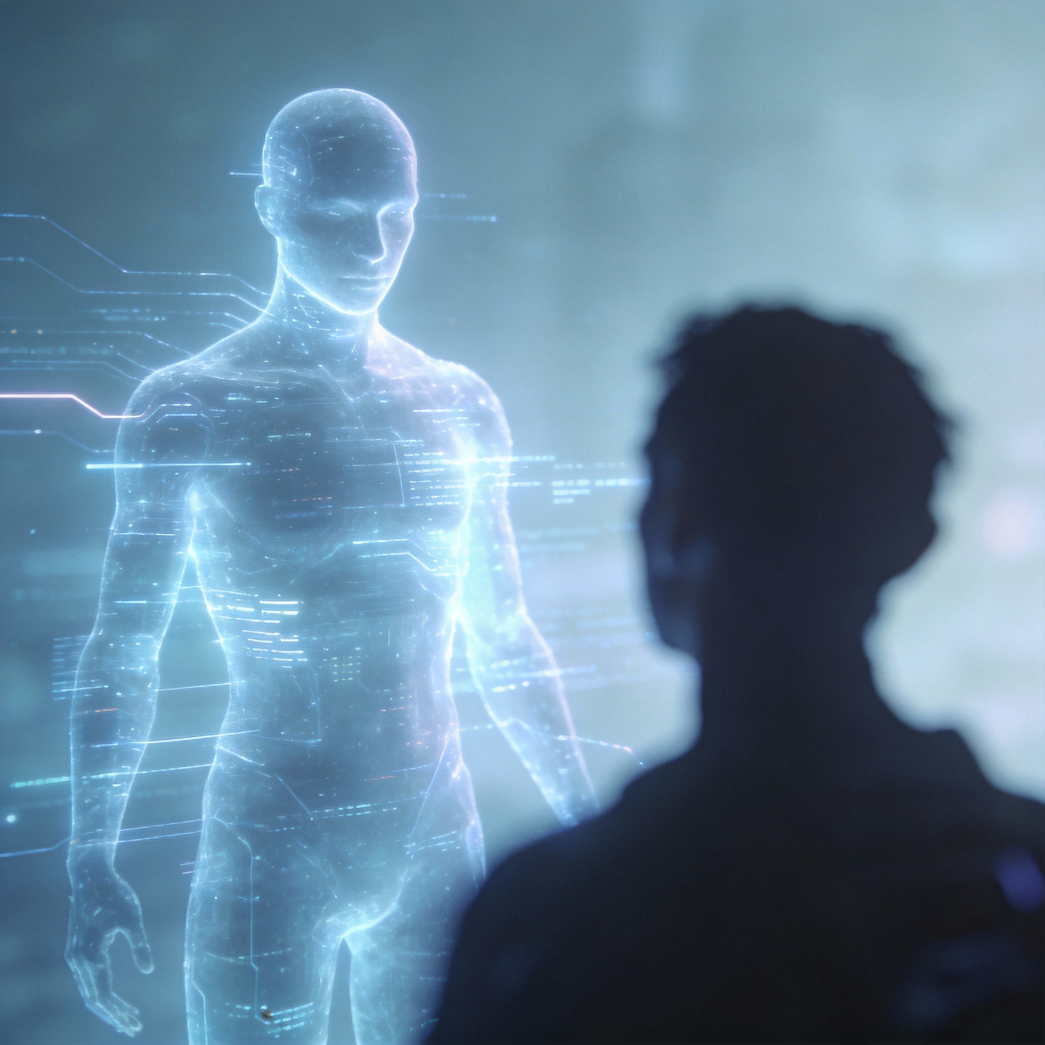Abstract glowing AI NPC interacting with a blurred human player, symbolizing advanced AI in gaming.