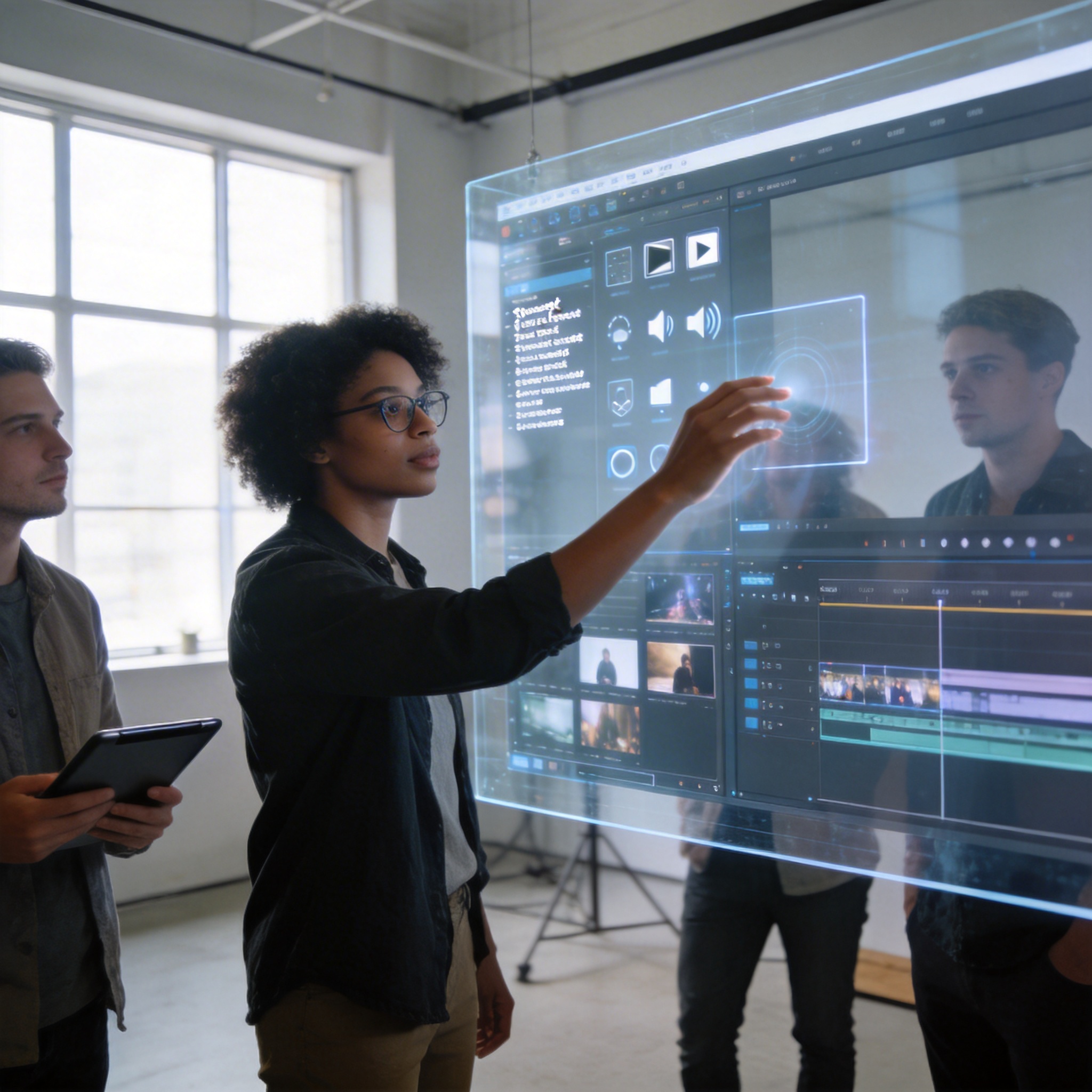 Creative team using a holographic interface to generate video content from multiple inputs.