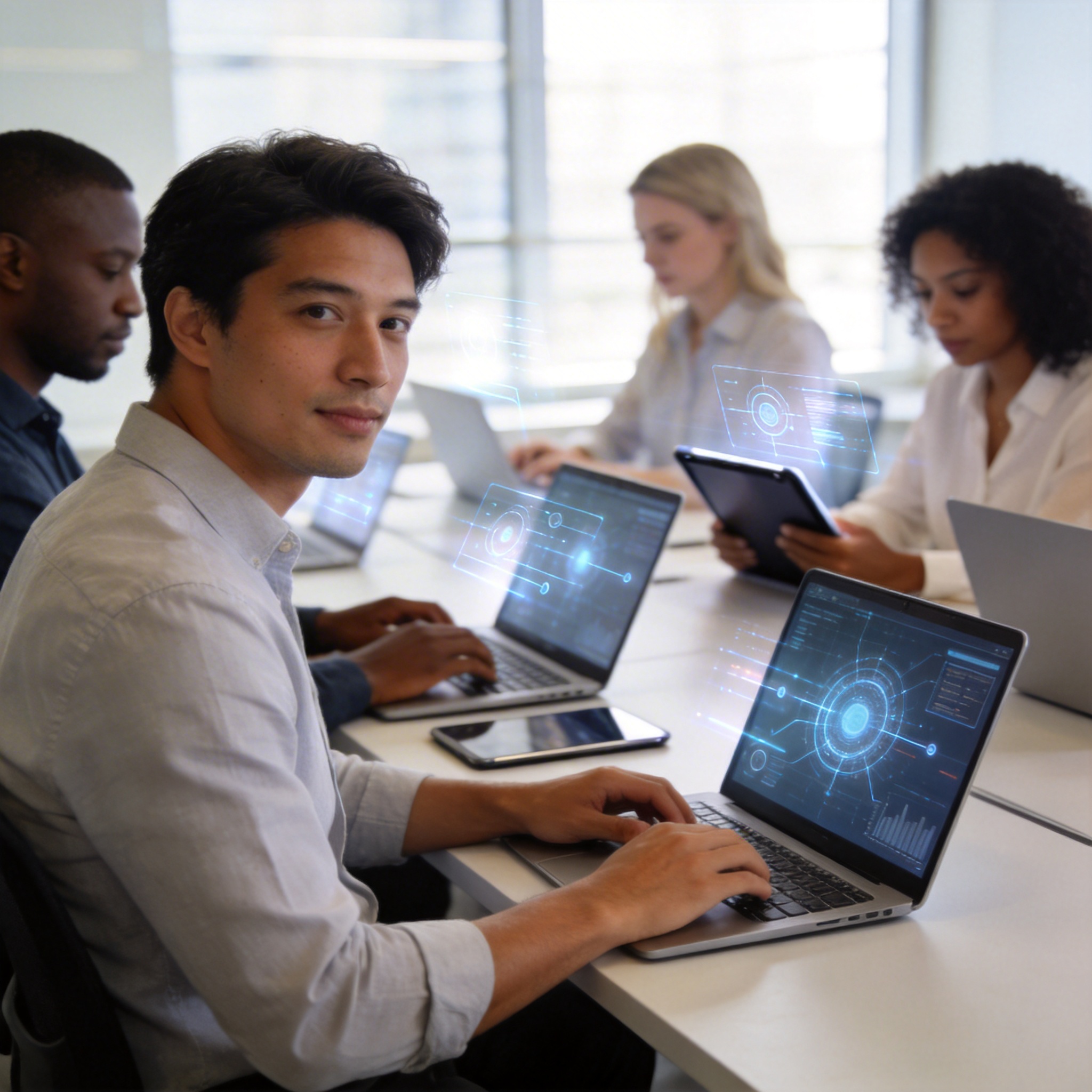 Professionals working on laptops in a modern office, symbolizing localized model deployment and data privacy.