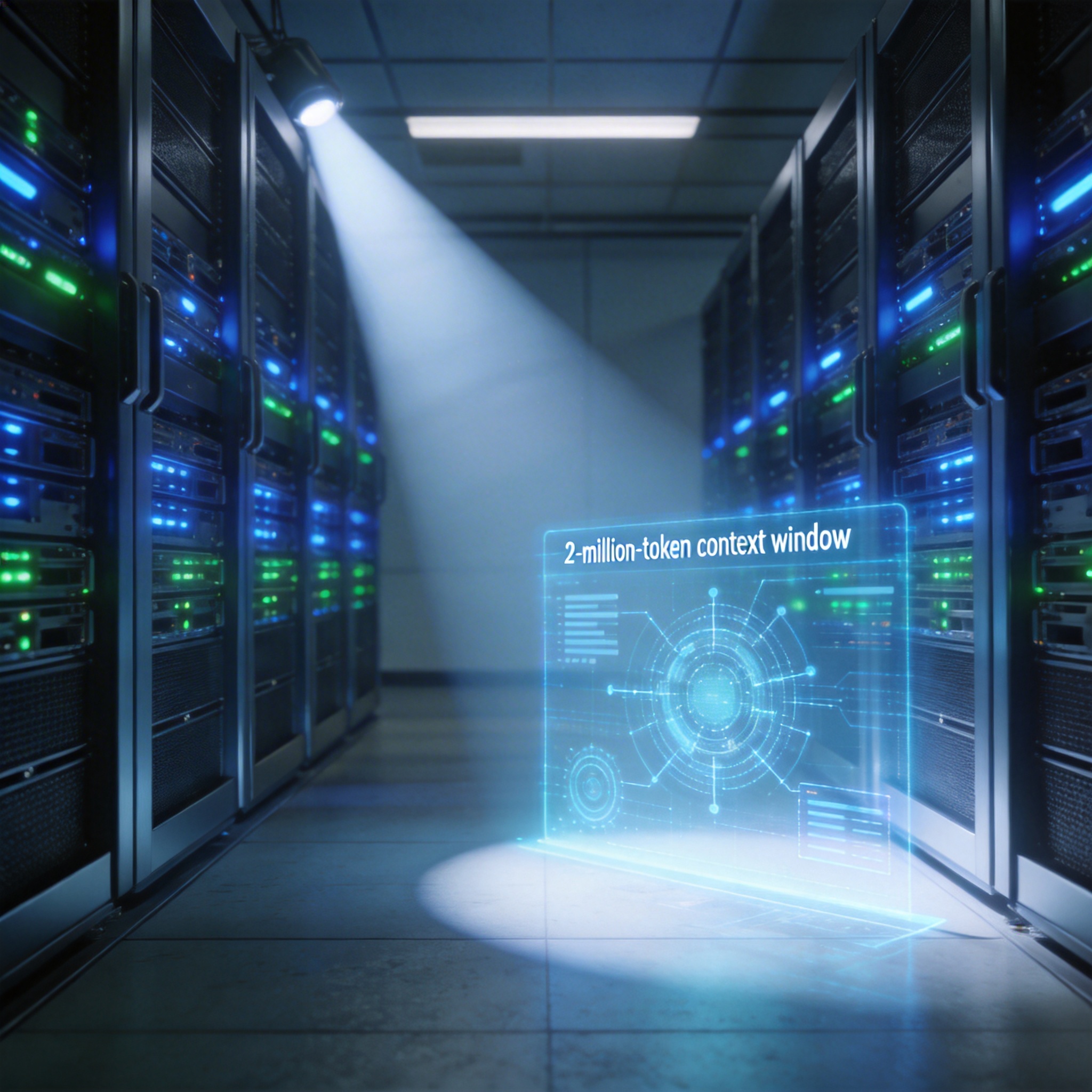 Server room with glowing racks and a holographic projection of data, symbolizing a large AI context window.