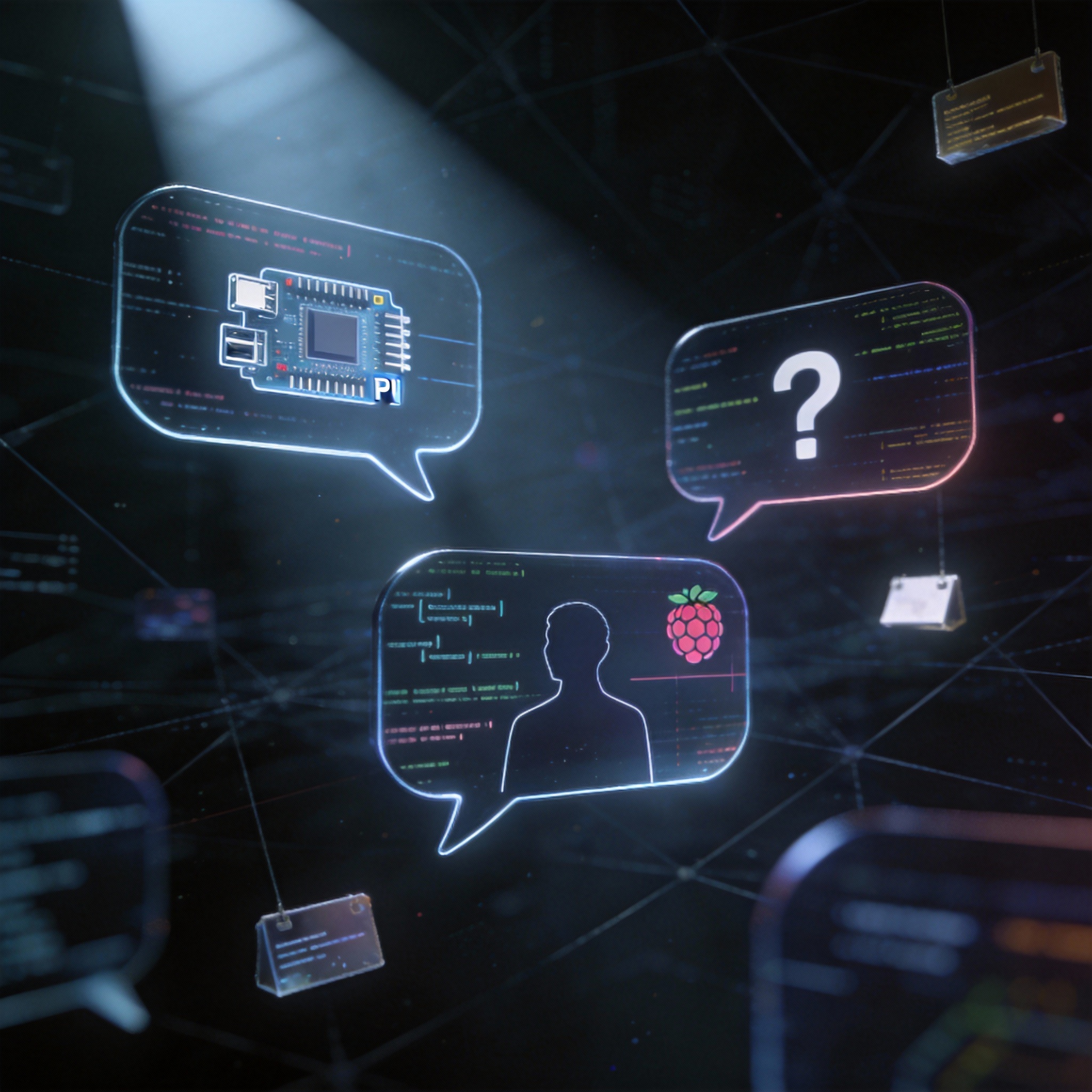 Abstract digital chat bubbles with complex symbols, representing AI agent conversations.