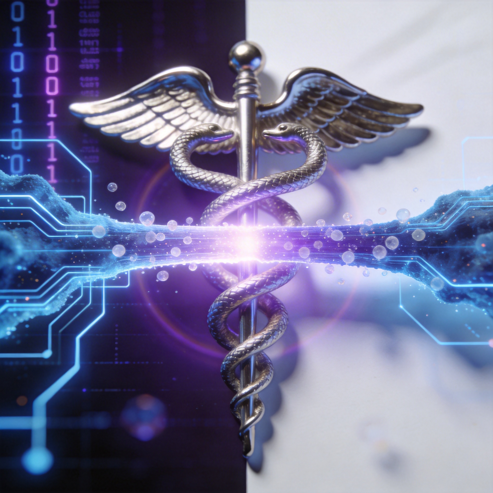 Abstract bridge connecting AI digital landscape with medical symbols, representing telemedicine partnerships.
