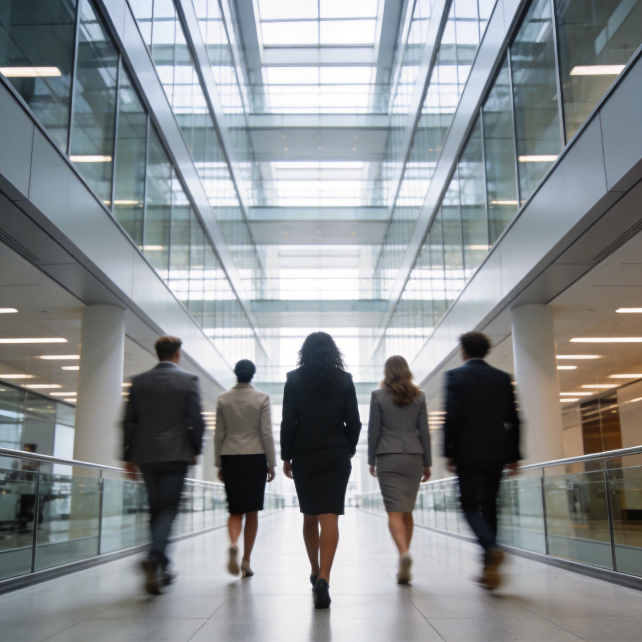 Five professional individuals walking away down a modern corporate corridor, symbolizing the departing co-founders.