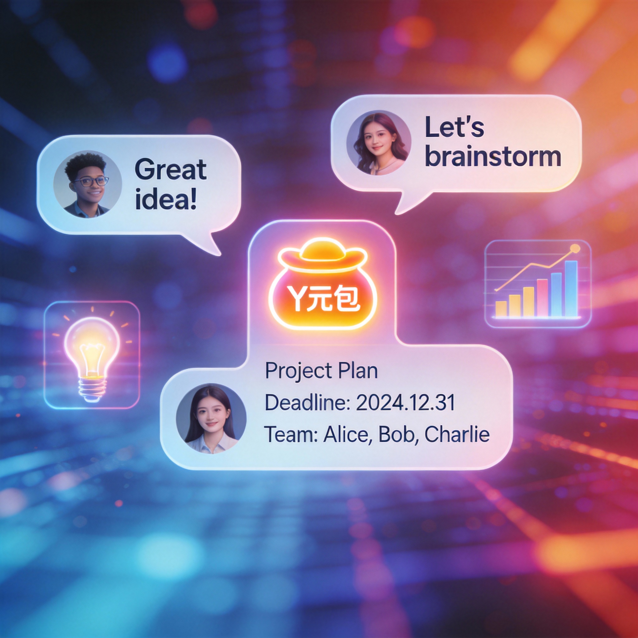 Digital chat bubbles and a Yuanbao icon summarizing conversation into a visual infographic.