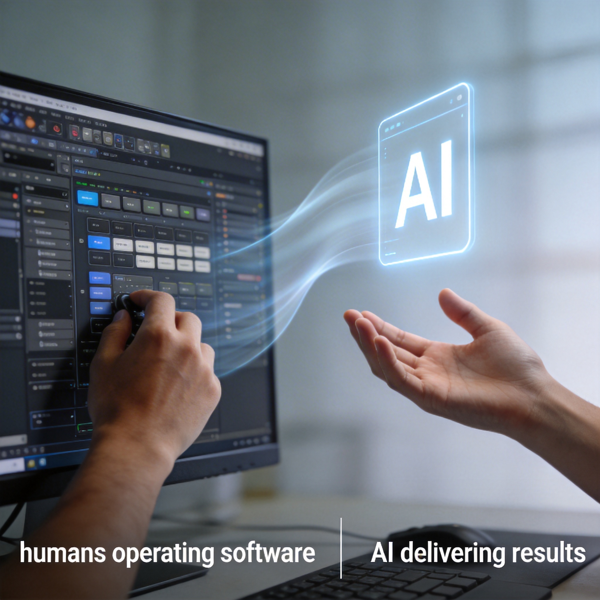 Conceptual image showing transition from human operating complex software to human interacting with minimalist AI for results.
