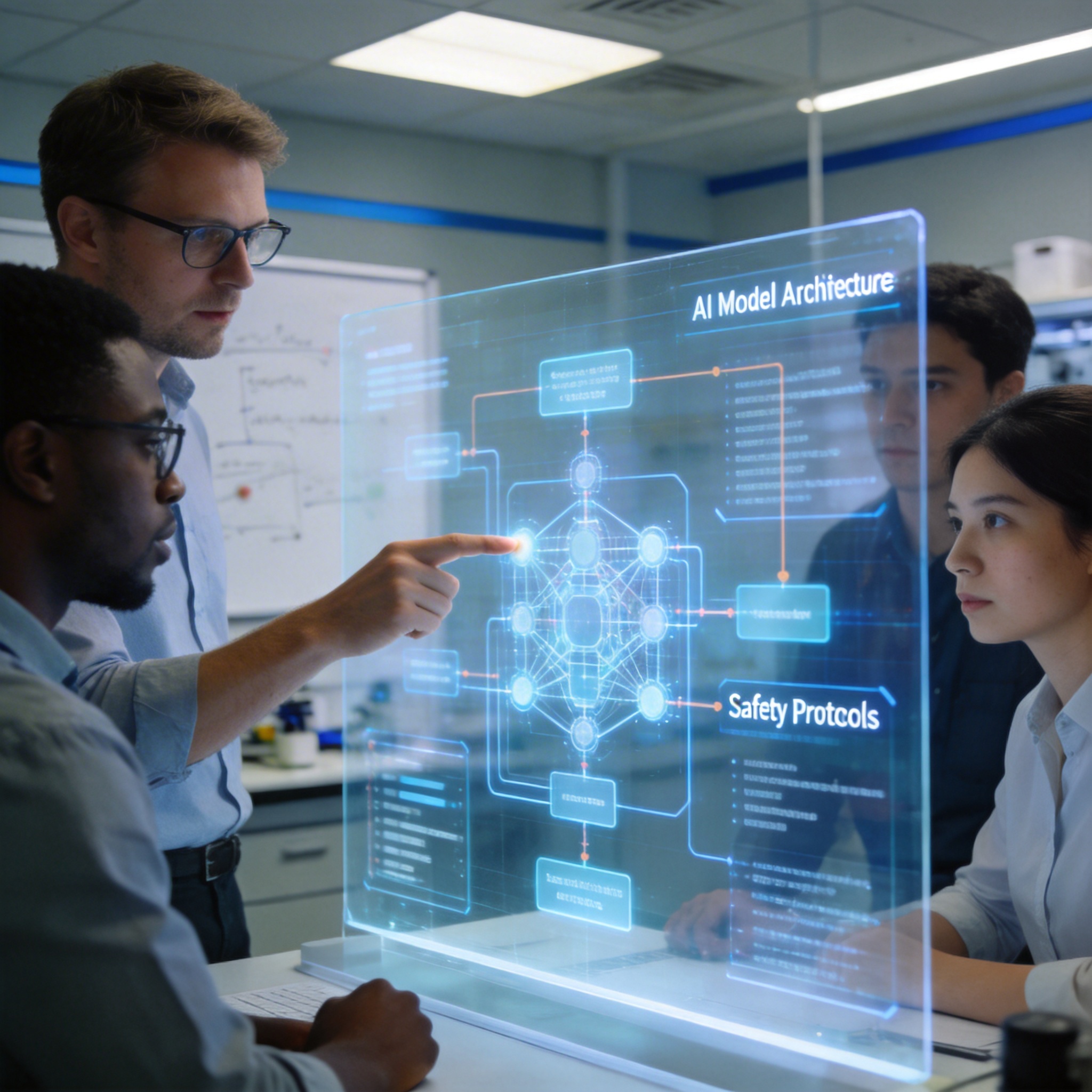 Engineers discussing AI safety protocols in a modern lab, emphasizing responsible development.