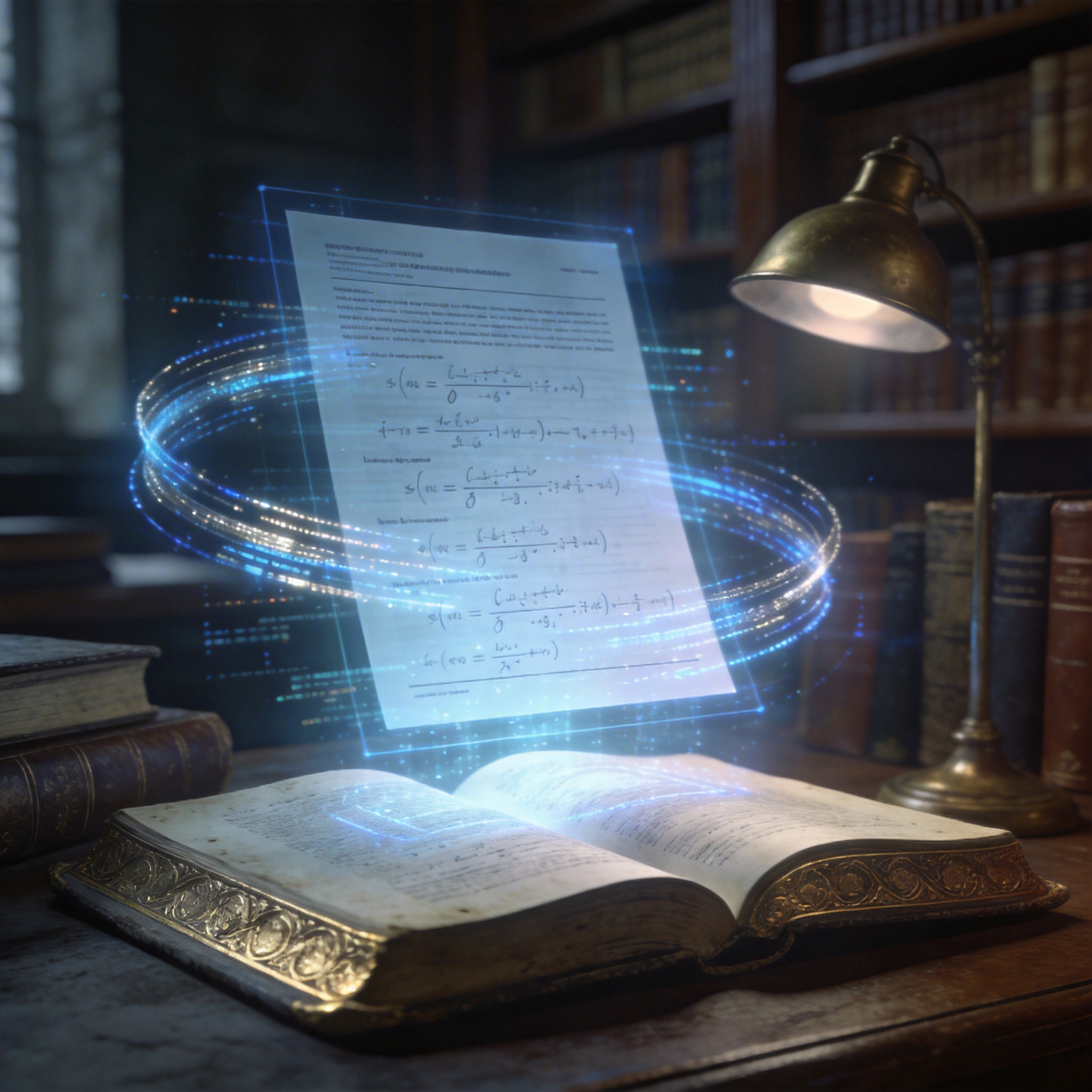 Holographic projection of research data and equations above an open book, symbolizing advanced text processing.