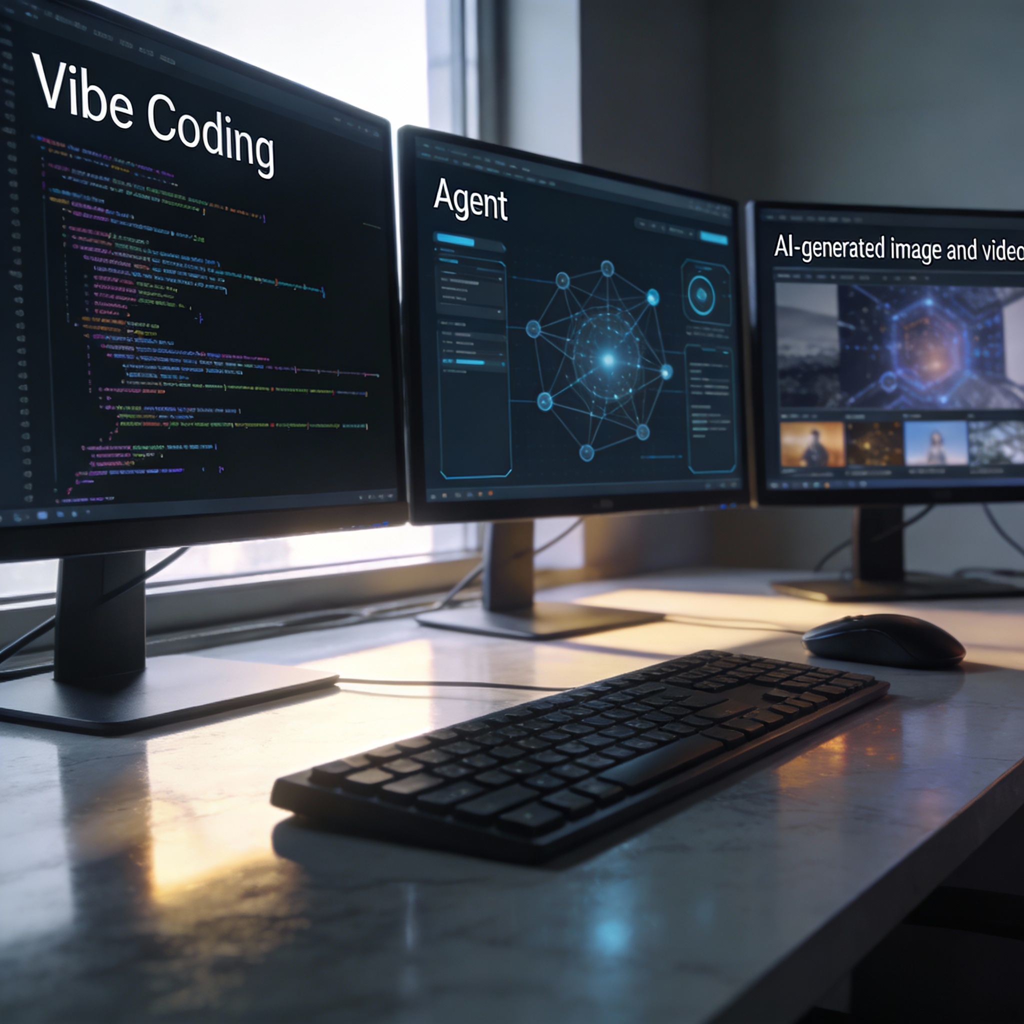 Digital workspace displaying Vibe Coding, AI Agents, and AI-generated image/video content.