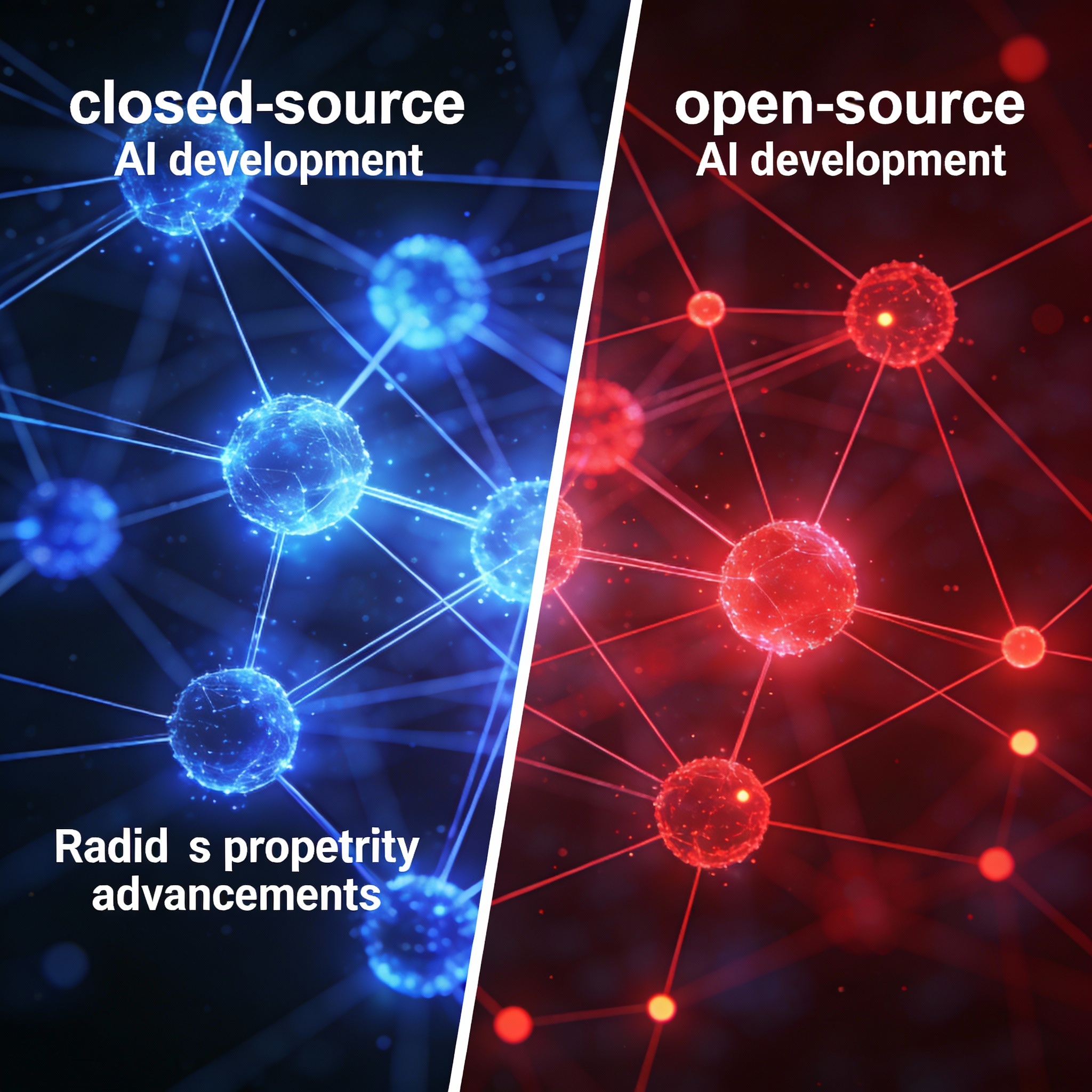Visual representation of closed-source (blue) and open-source (red) AI development networks.