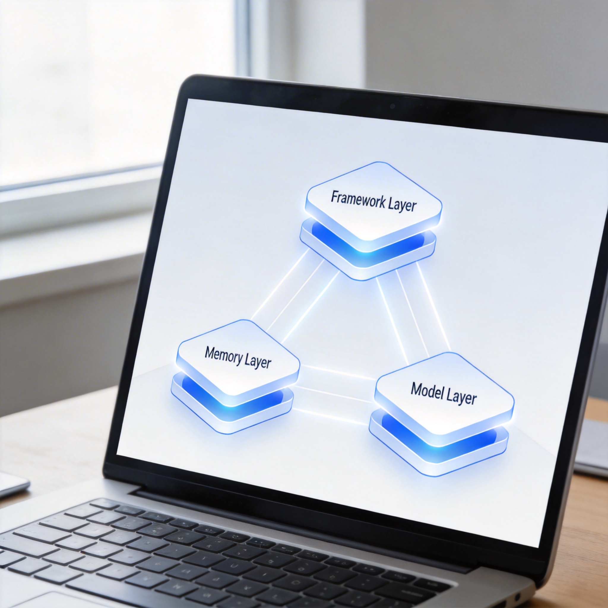 Diagram on a laptop screen illustrating CoPaw's three core architectural layers: framework, memory, and model.