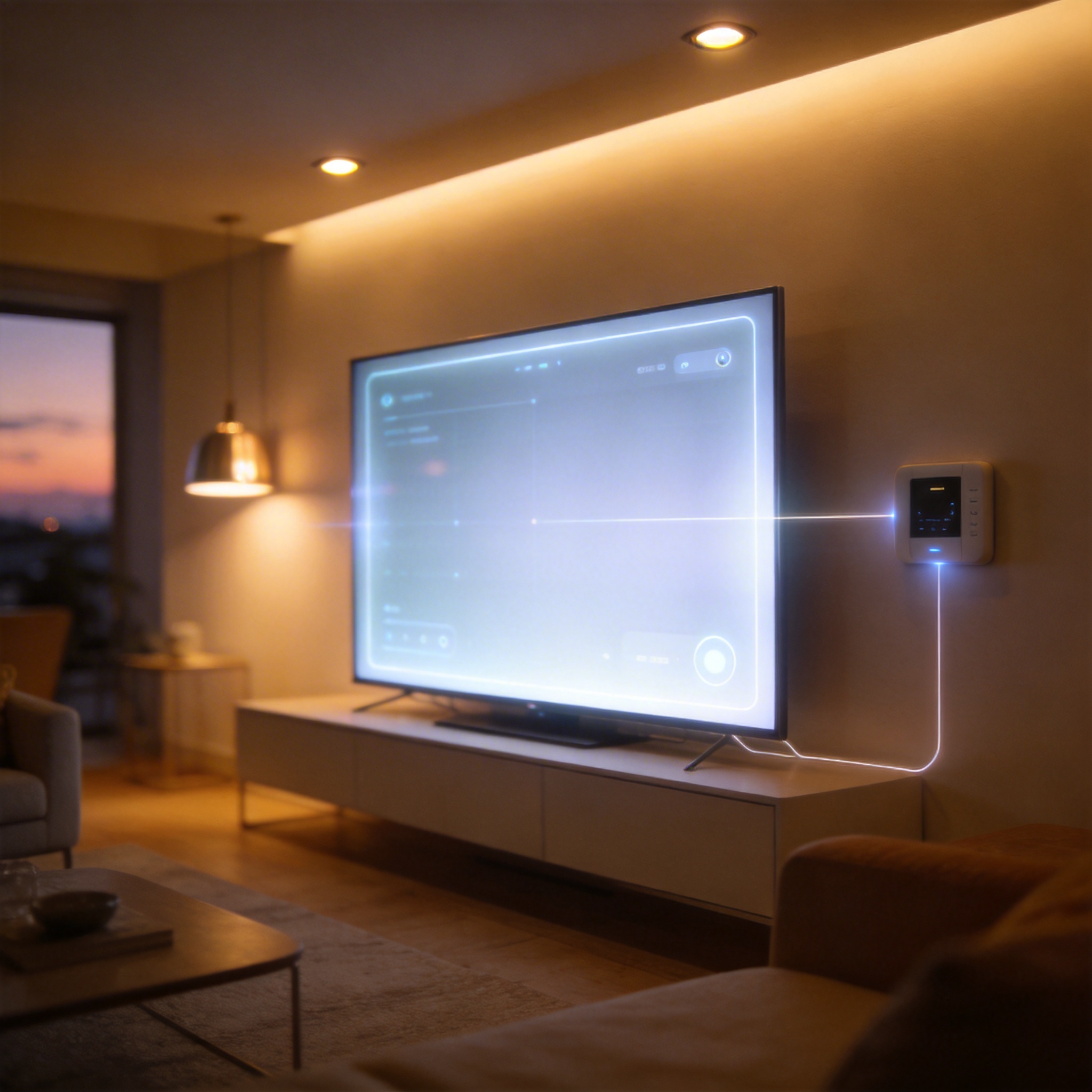 A smart living room with a large TV acting as a central hub, subtly connected to other smart home devices.