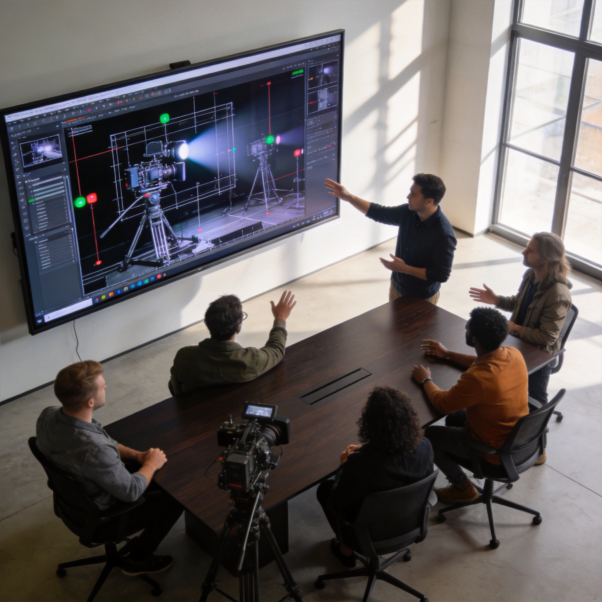 Film professionals discussing a digital storyboard on a large screen in a modern conference room.