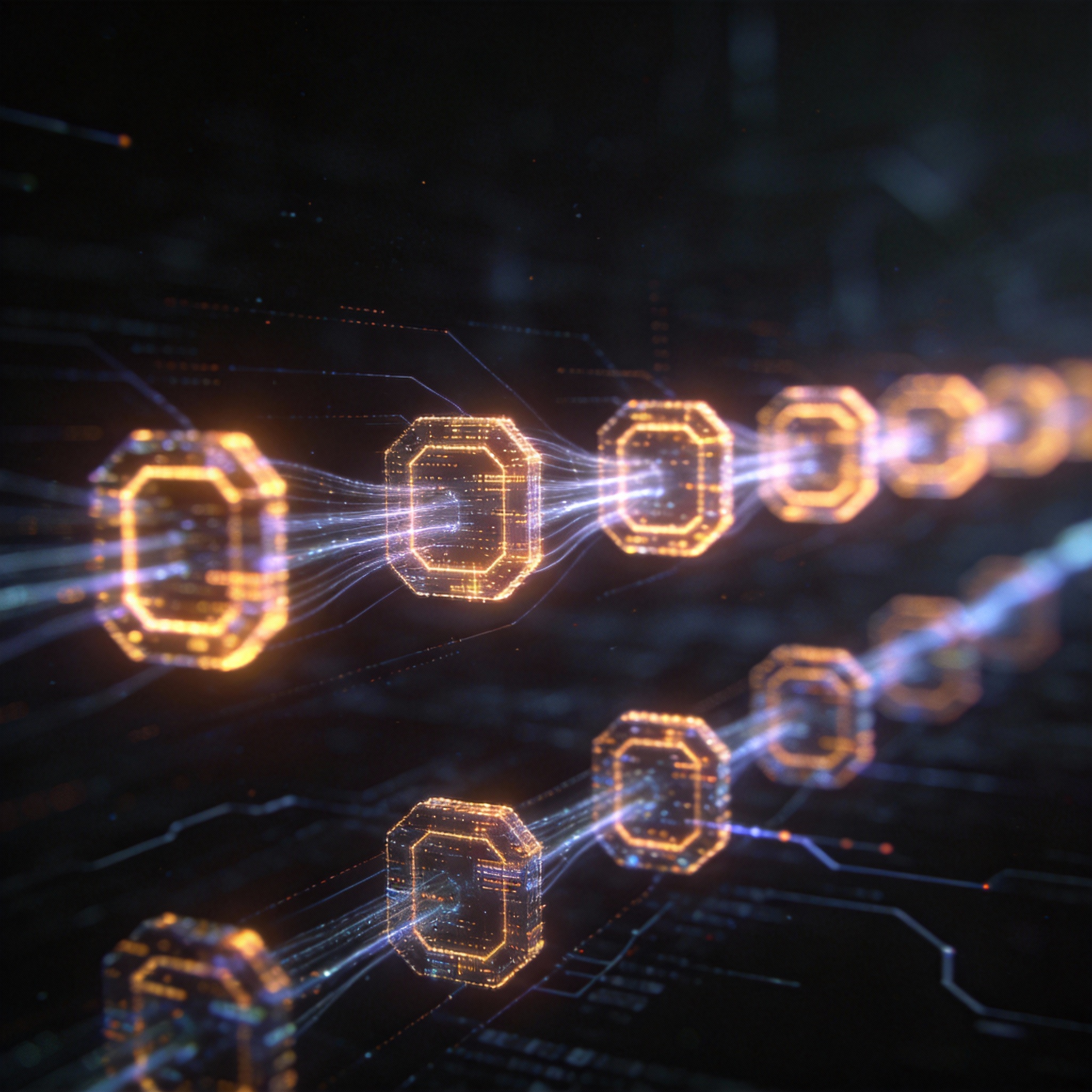 Abstract visualization of sequential token processing in a causal language model, with a 'look back' mechanism.