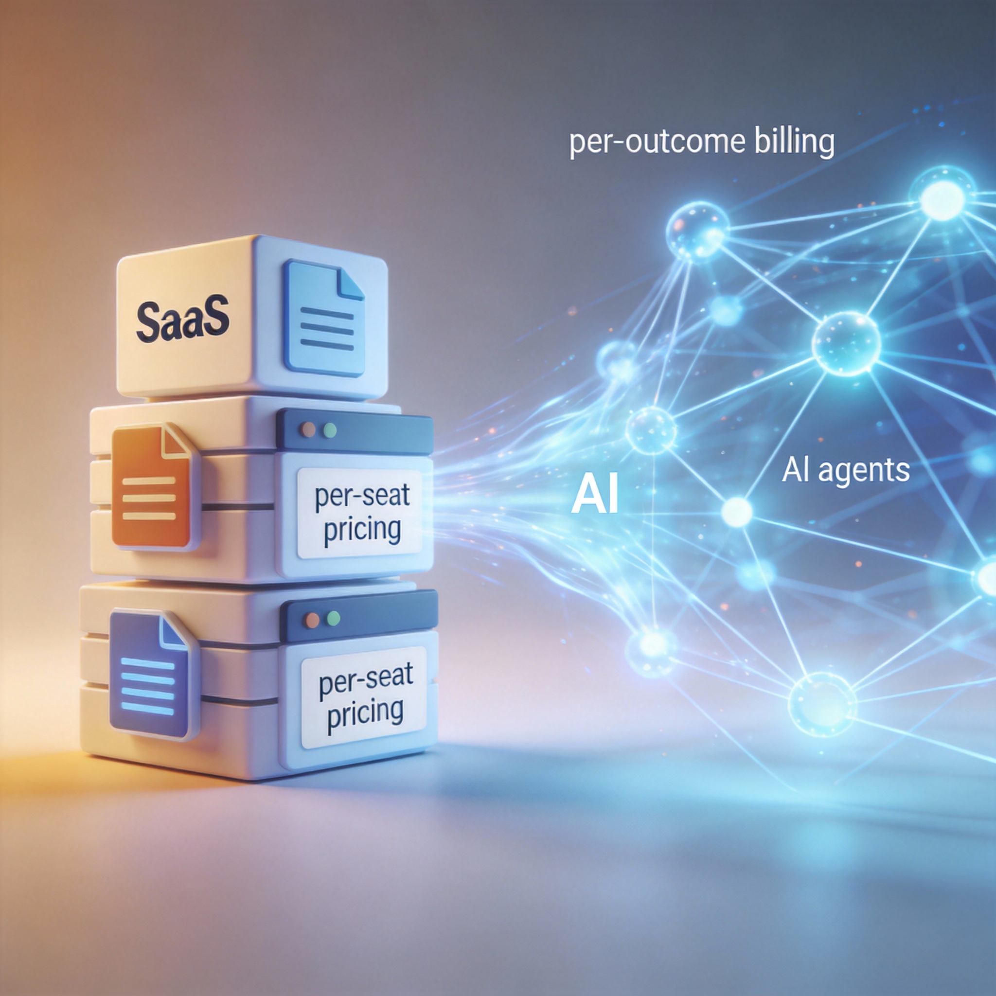 Abstract visual representing the clash between traditional SaaS icons and fluid AI agent networks.