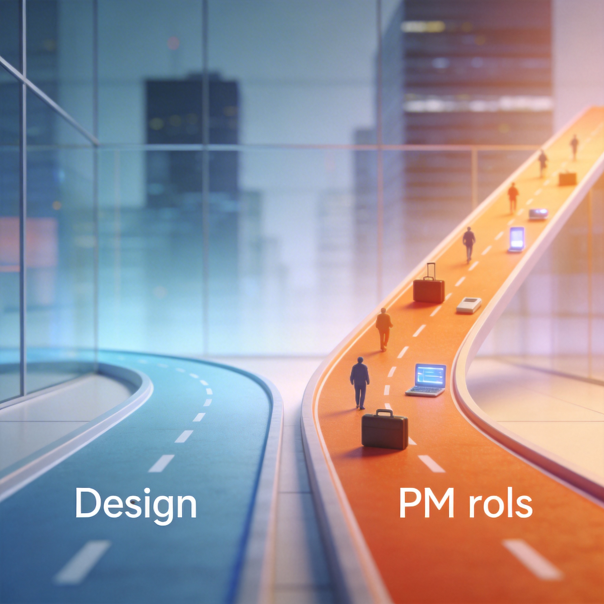 Visual metaphor of diverging paths, one flat for design, one rising for PM.
