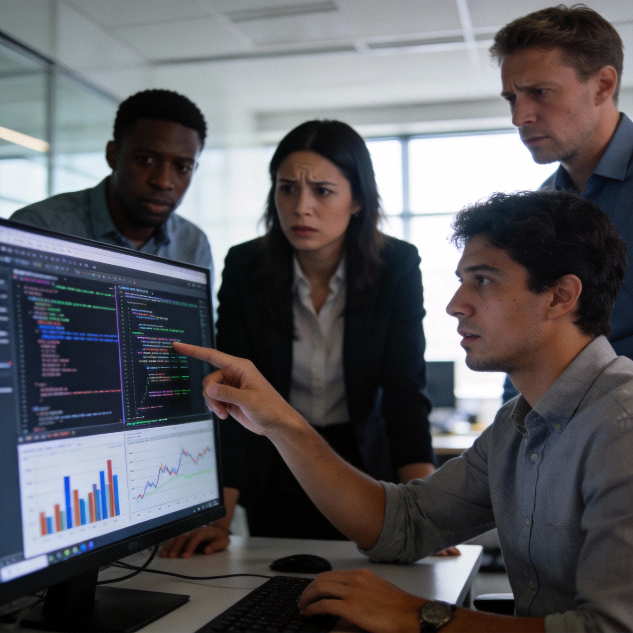 Software engineers and analysts discussing market downturn in a modern office, reflecting industry concern.