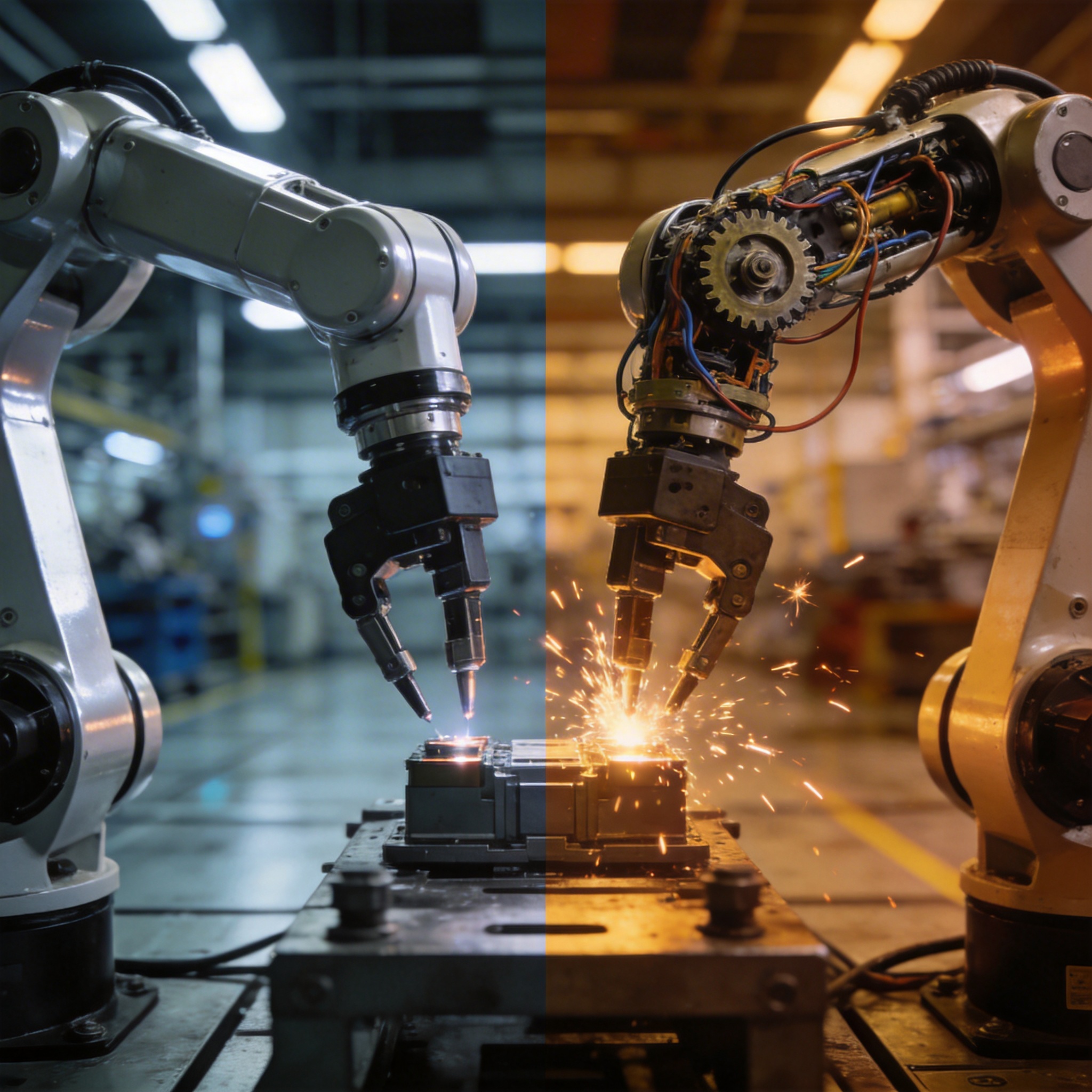 Split image showing a robot arm with controlled external action and chaotic internal mechanisms, representing output vs. internal control.