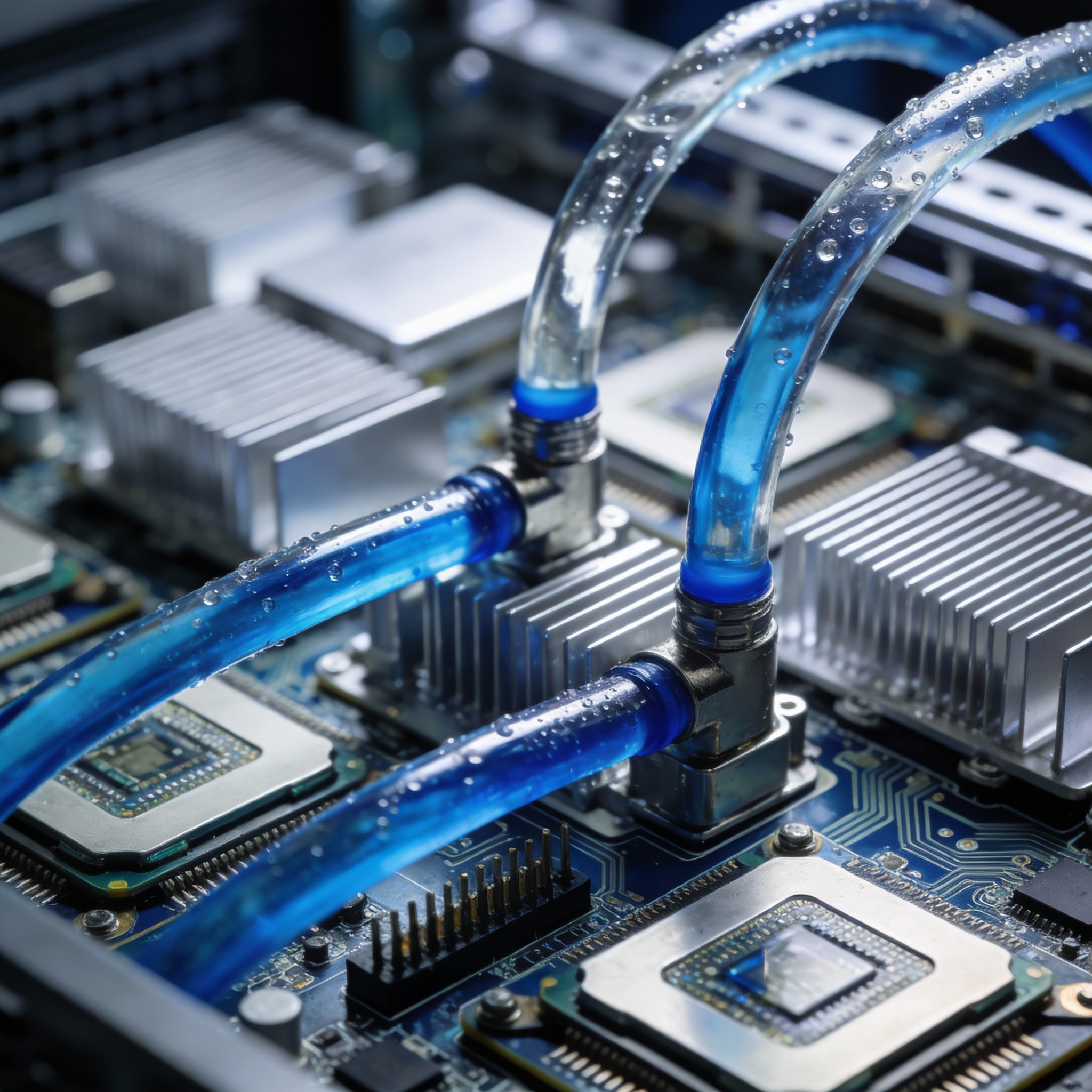 Close-up of a high-performance liquid cooling system for a server rack, showing coolant tubes and microchips.