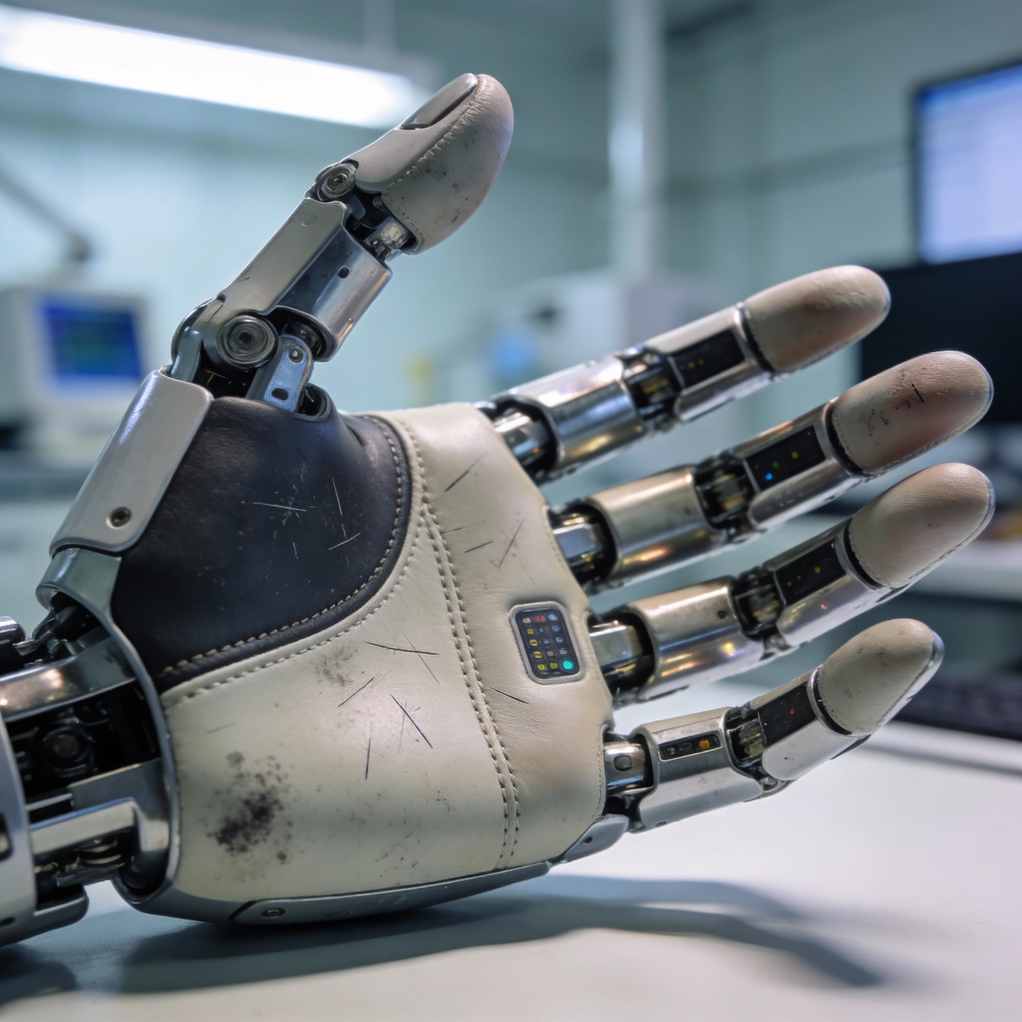 Close-up of a humanoid robot's articulated hand, showing metallic and synthetic textures in a lab setting.