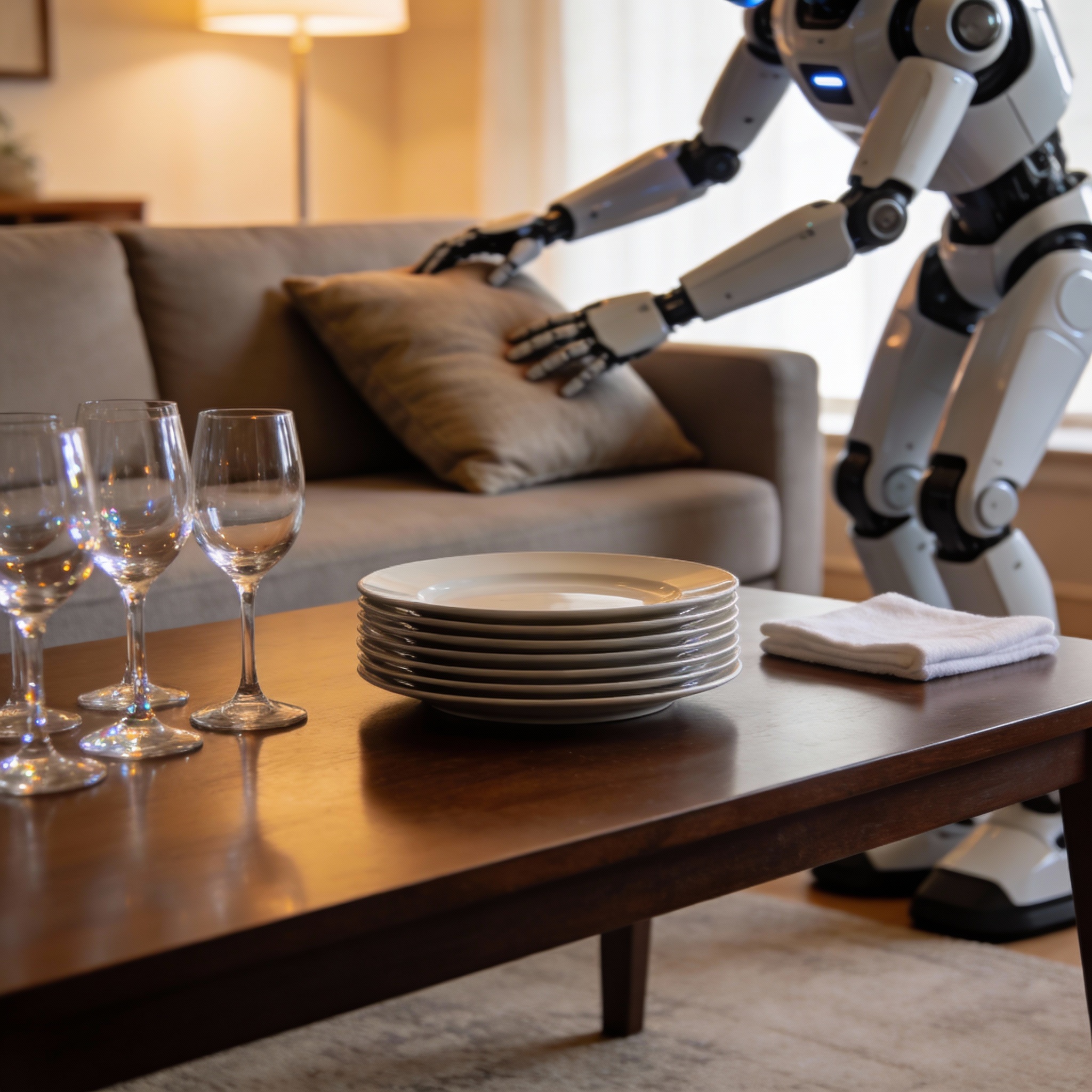 A humanoid robot subtly tidying a perfectly clean living room after a dinner party, demonstrating precise, gentle movements.