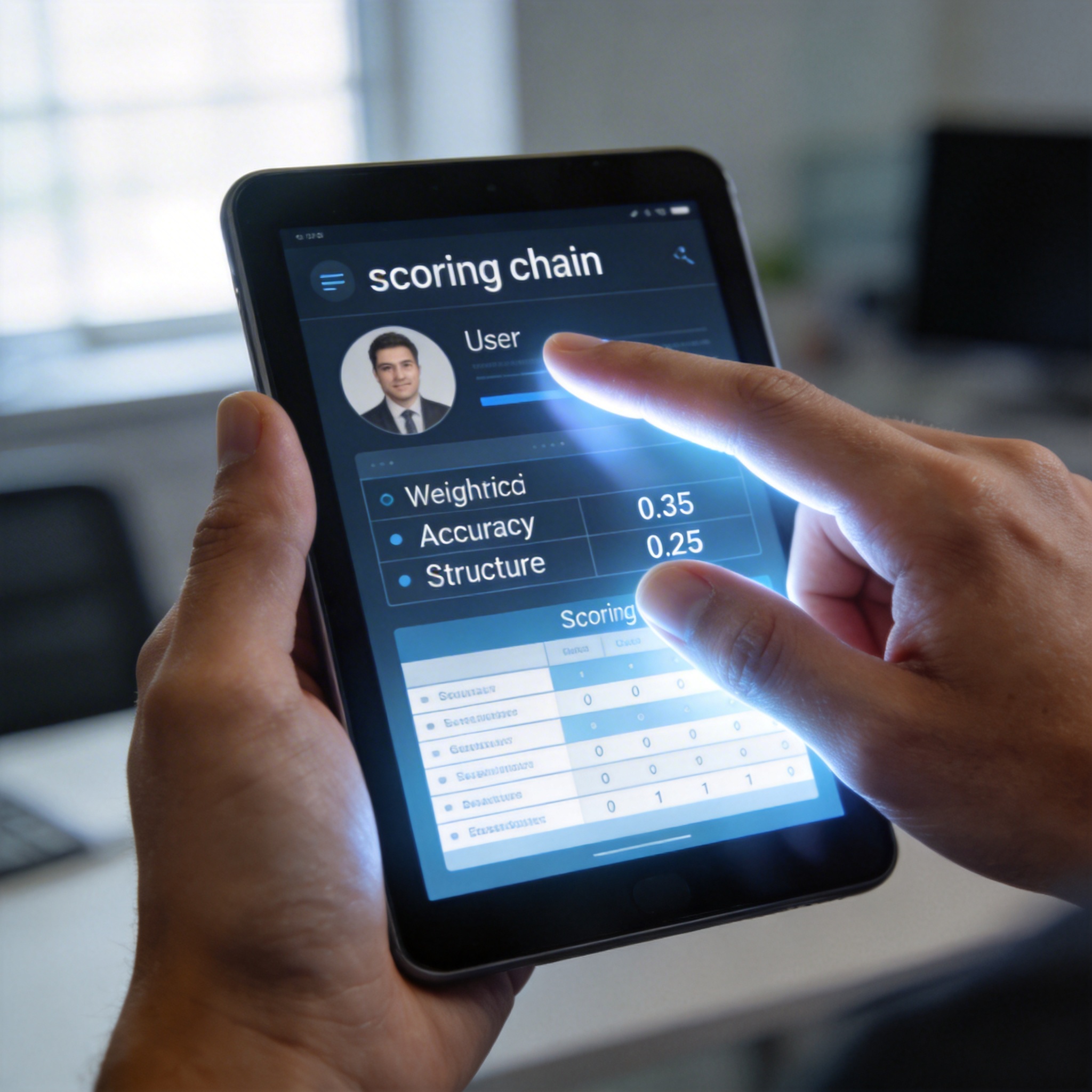 Hand holding a tablet displaying P-GenRM's structured scoring chain with persona, rubric, and itemized scores.