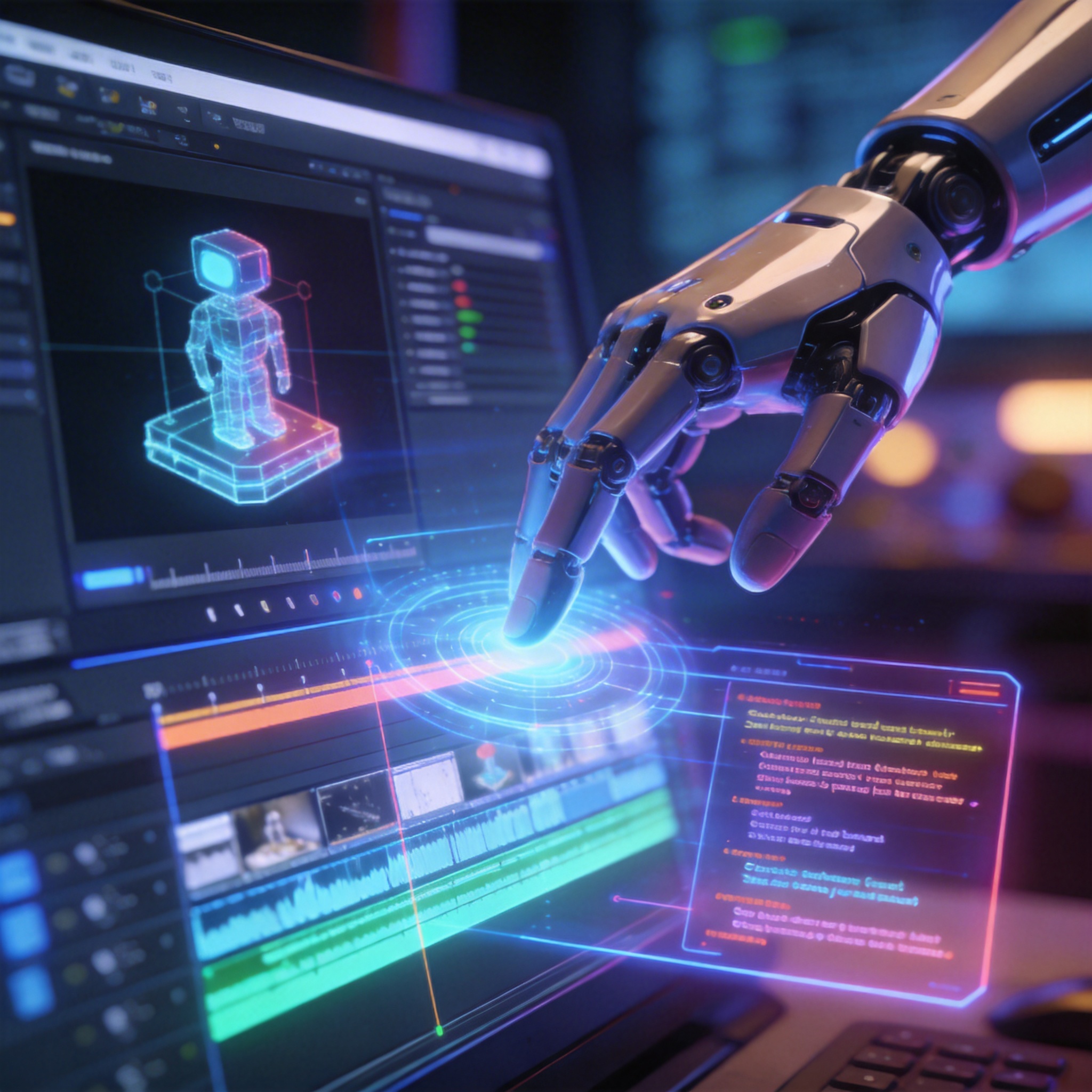 A humanoid robot hand interacting with a holographic interface displaying video production elements, symbolizing AI automation.