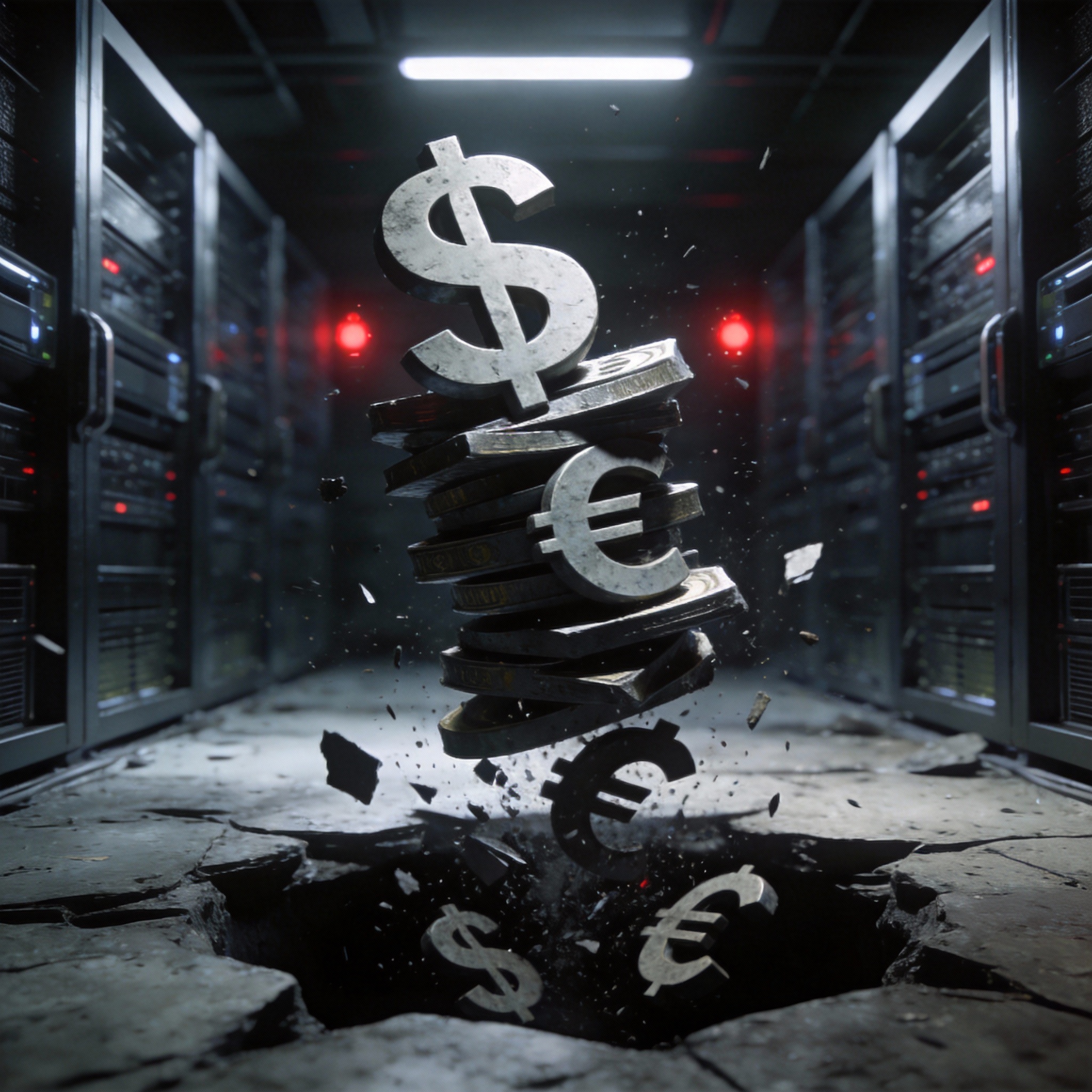 Crumbling digital currency symbols representing OpenAI's reported financial losses and challenges.