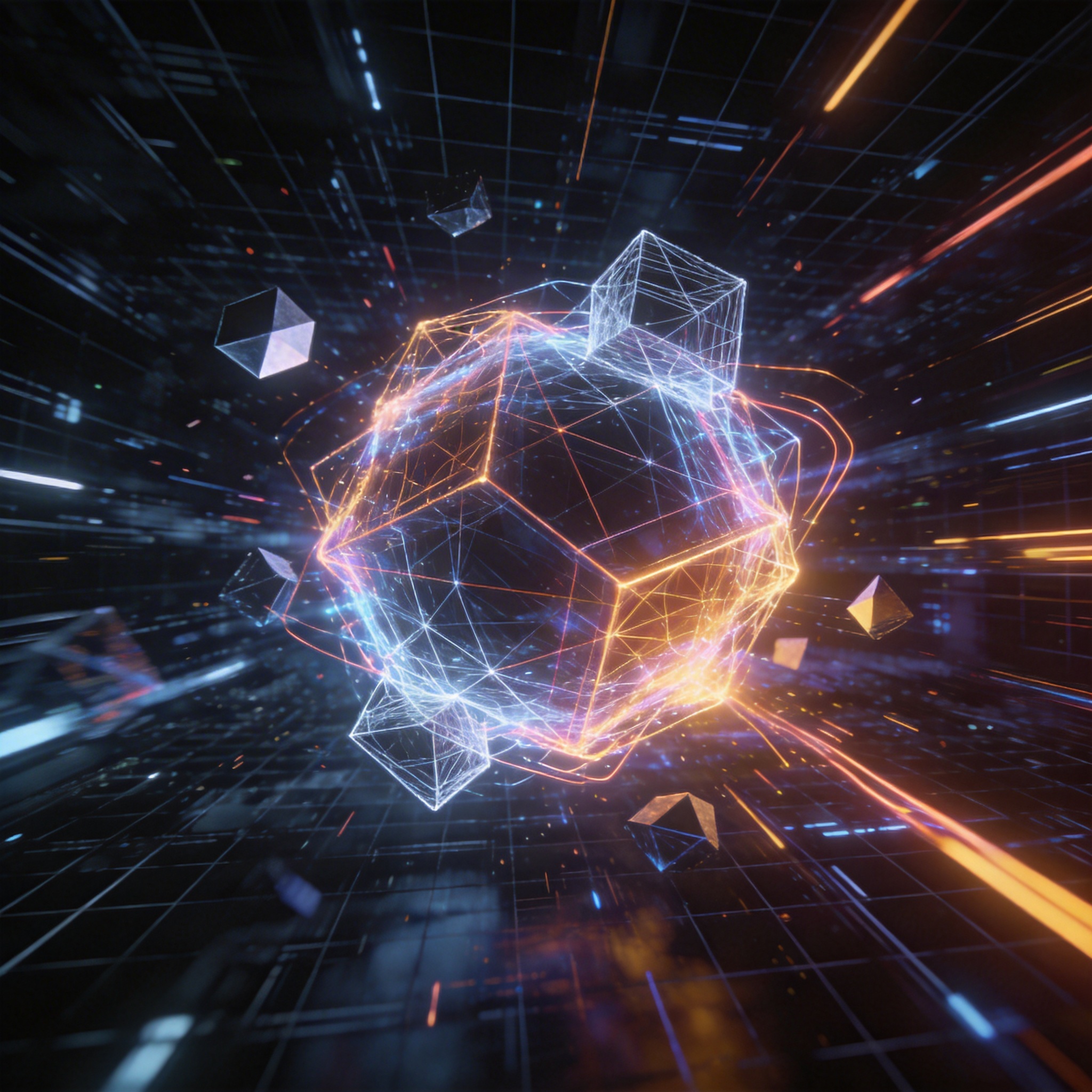 Abstract visualization of 3D models rapidly generating, with geometric shapes and light trails.