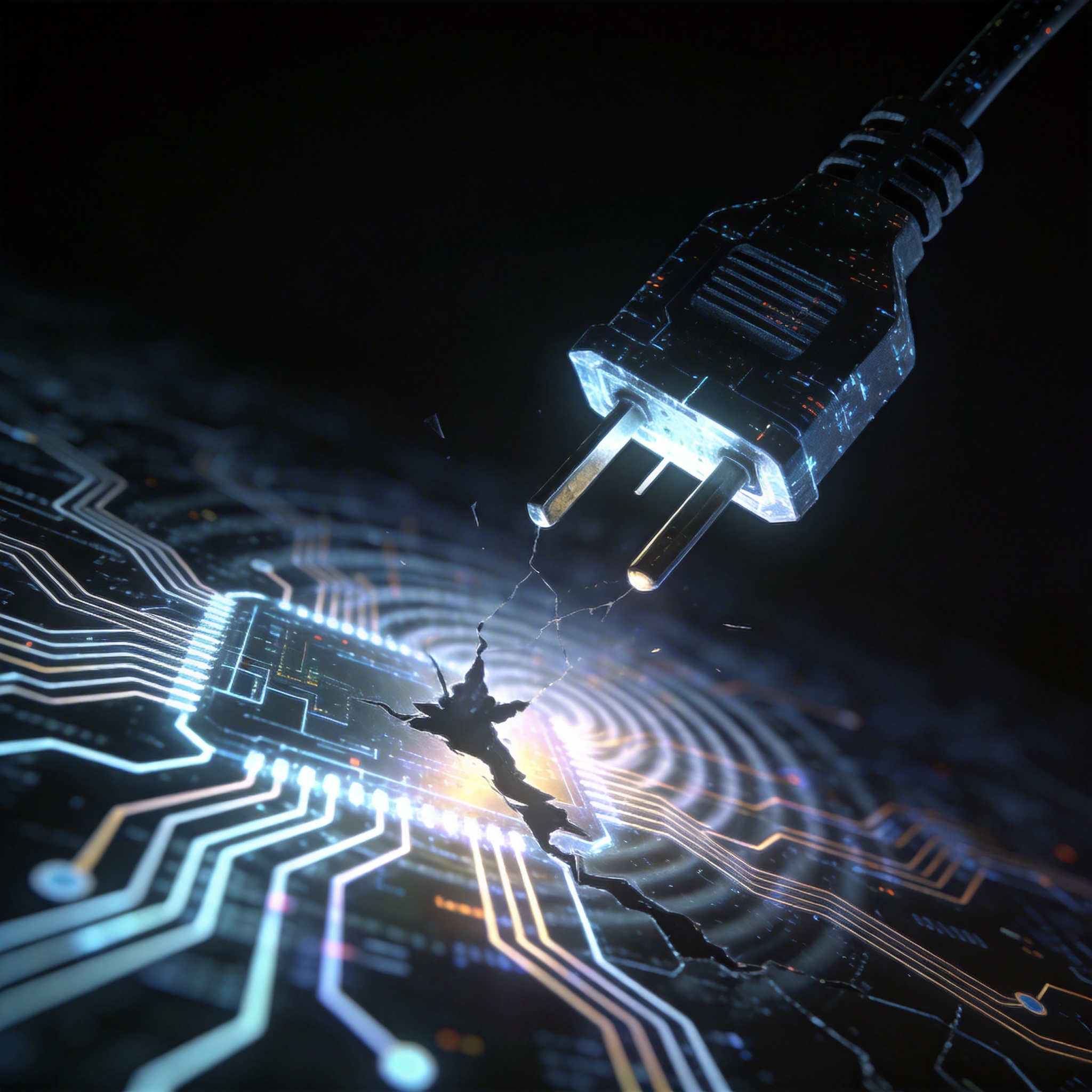 Abstract image of a digital plug being pulled from AI circuitry, symbolizing control.