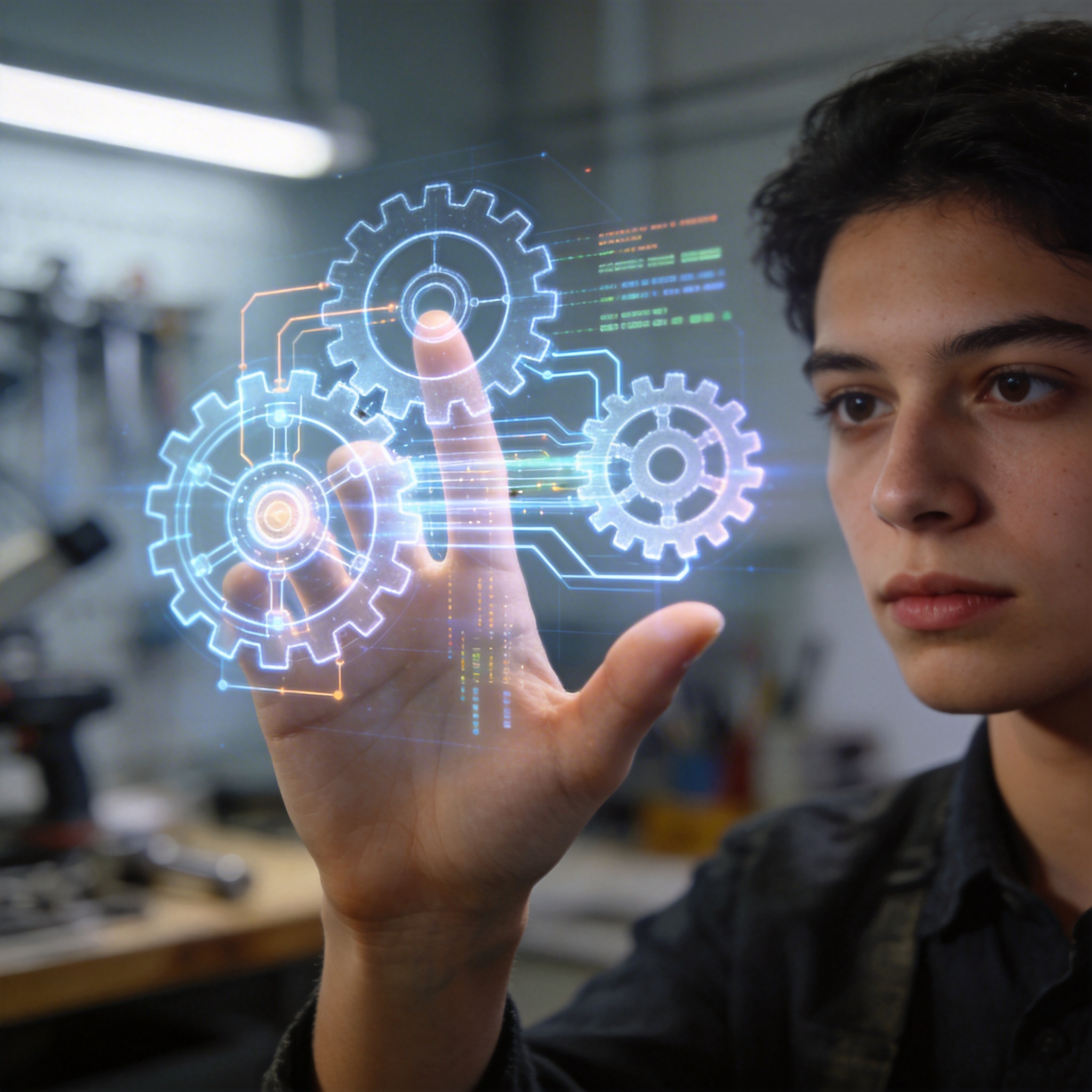 Human hand interacting with a holographic projection of gears and circuits, symbolizing custom AI skill creation.