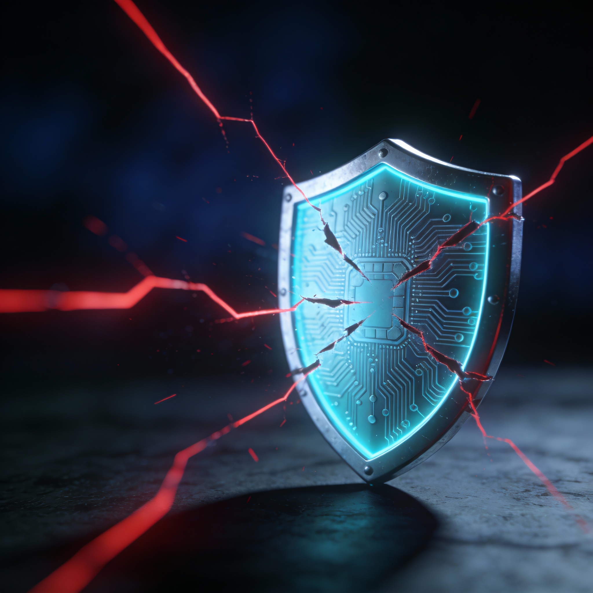 Digital shield deflecting jagged red lines, symbolizing AI safety measures against jailbreak attacks.