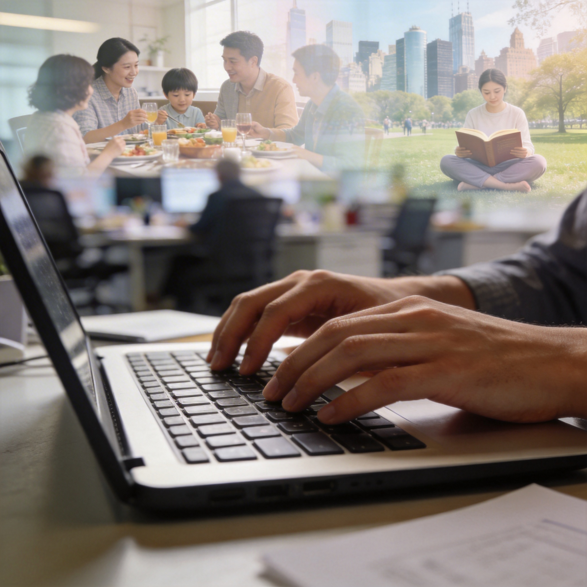 Hands typing on a laptop, with dreamlike overlays of family time and leisure, symbolizing deeper motivations for AI use.