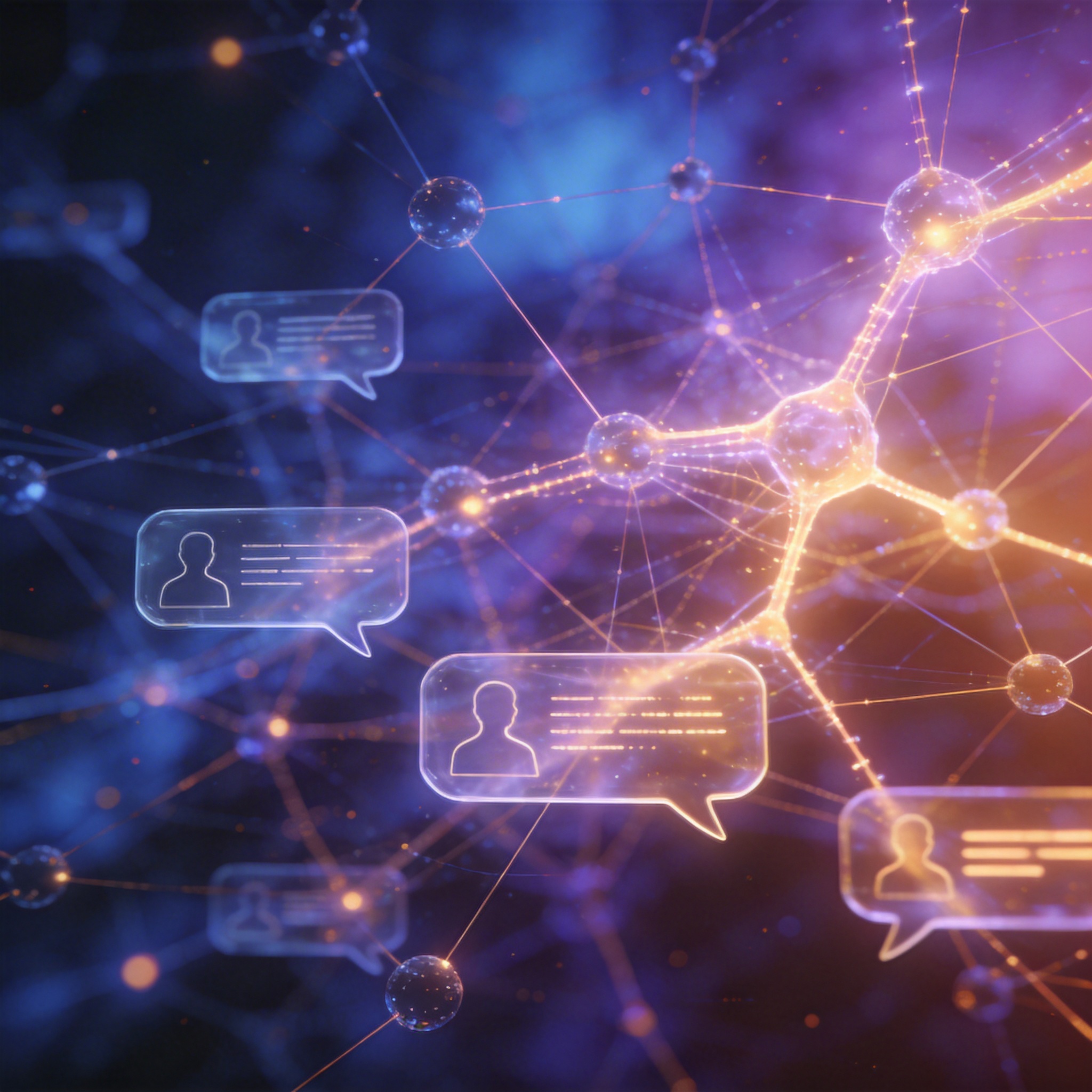 Abstract neural network with glowing nodes and overlaid speech patterns, symbolizing AI generalization.
