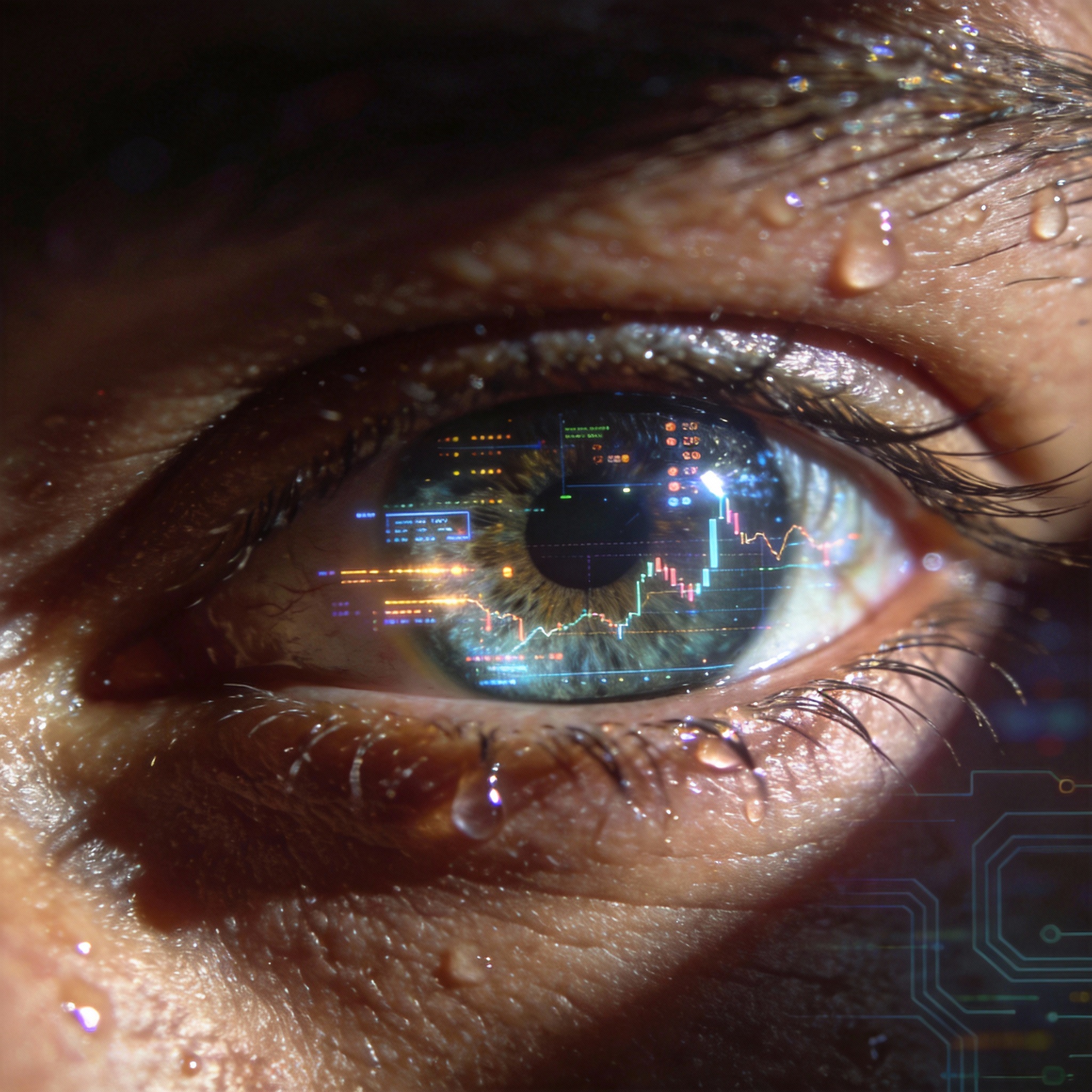 Human eye reflecting digital data, symbolizing precision and quality in AI video generation.