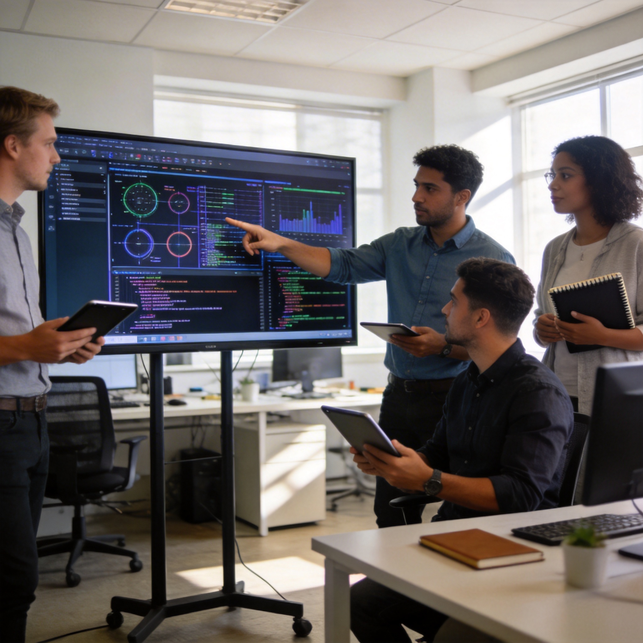 Software engineers collaborating in a modern office, discussing complex code and data.