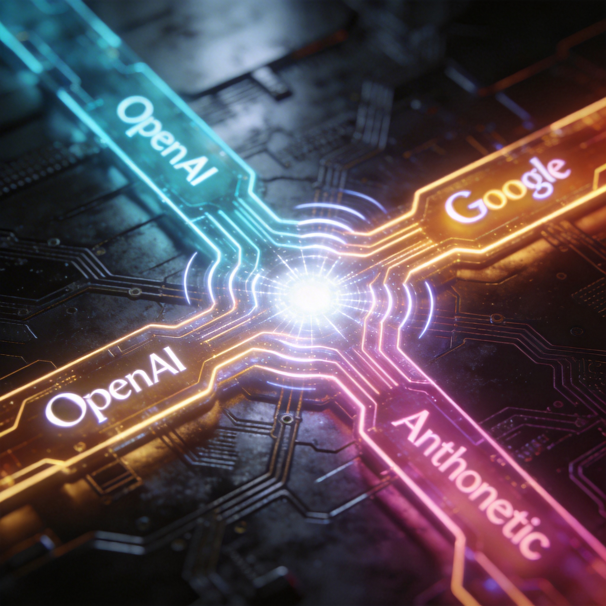 Three glowing digital pathways converging into a complex network, representing AI companies' unified focus.