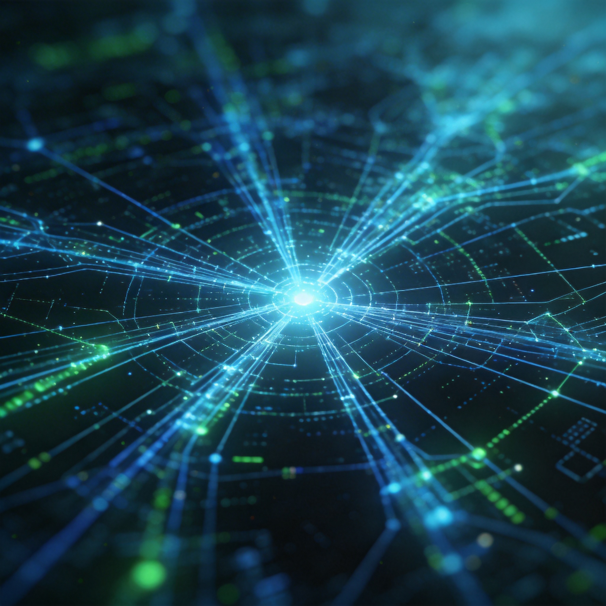 Abstract digital network with glowing lines converging, symbolizing a unified AI ecosystem.