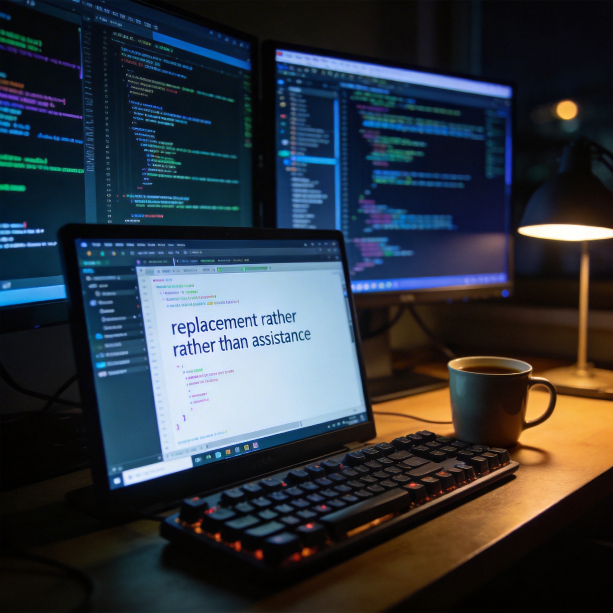 Developer's desk at night with multiple monitors displaying code and an integrated terminal, symbolizing advanced AI programming.