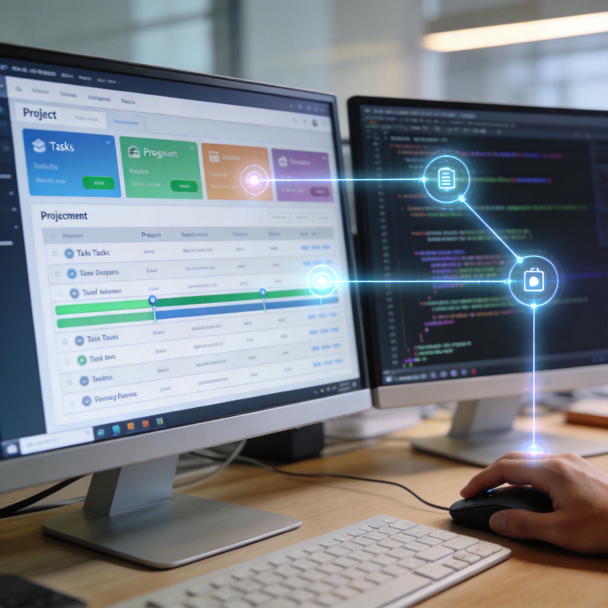 A multi-screen workstation showing project management and code, with abstract lines connecting elements, representing AI's phased planning and execution.