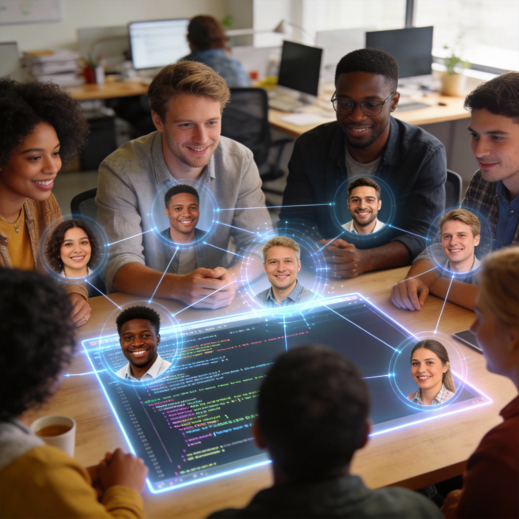Diverse group collaborating around an open-source code projection, symbolizing community participation.