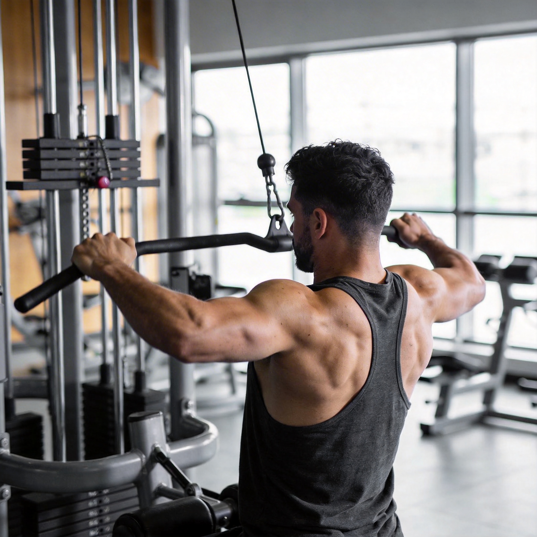 A person performing a lat pulldown exercise with correct form in a modern gym.