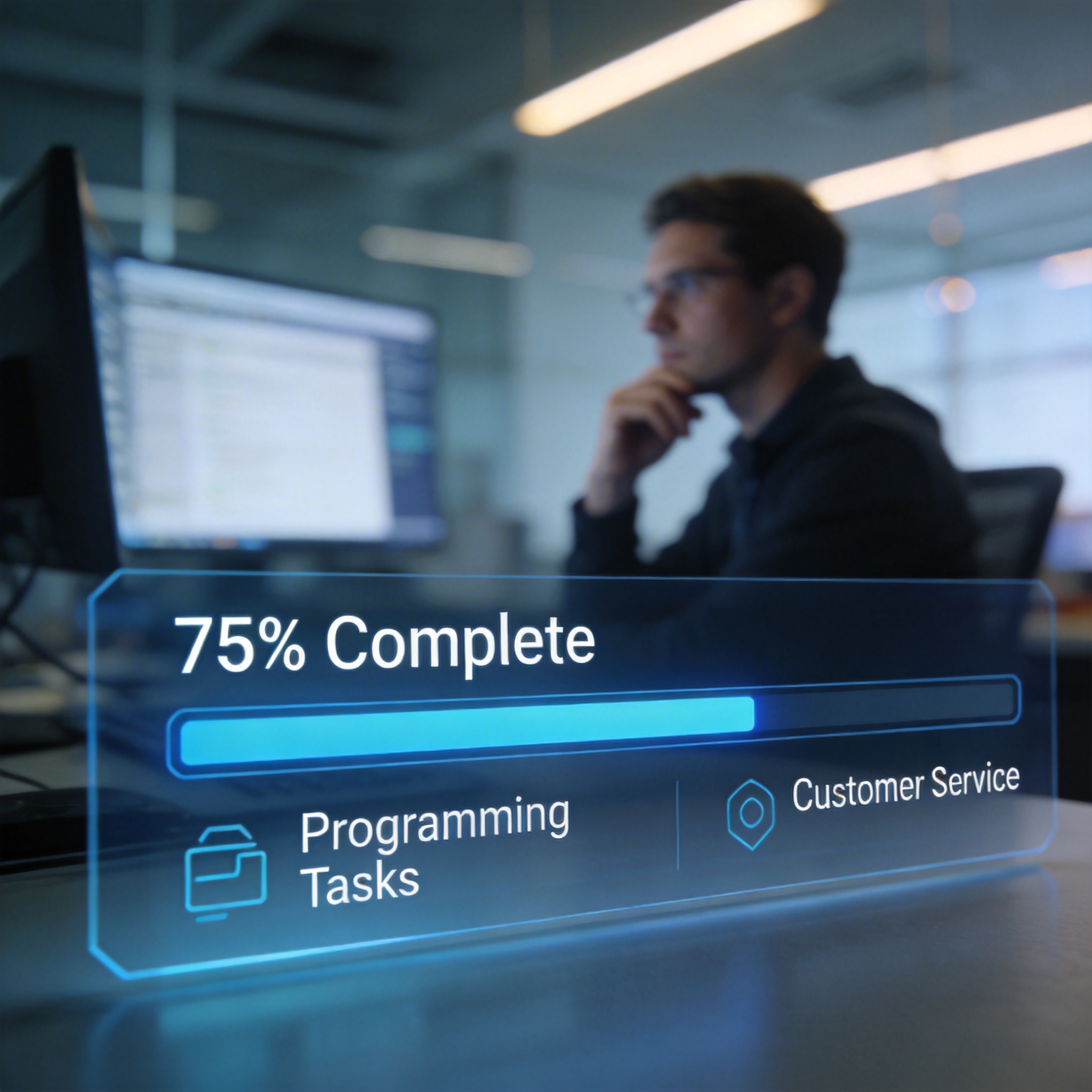 Digital interface showing 75% completion for programming and customer service tasks, symbolizing AI automation.