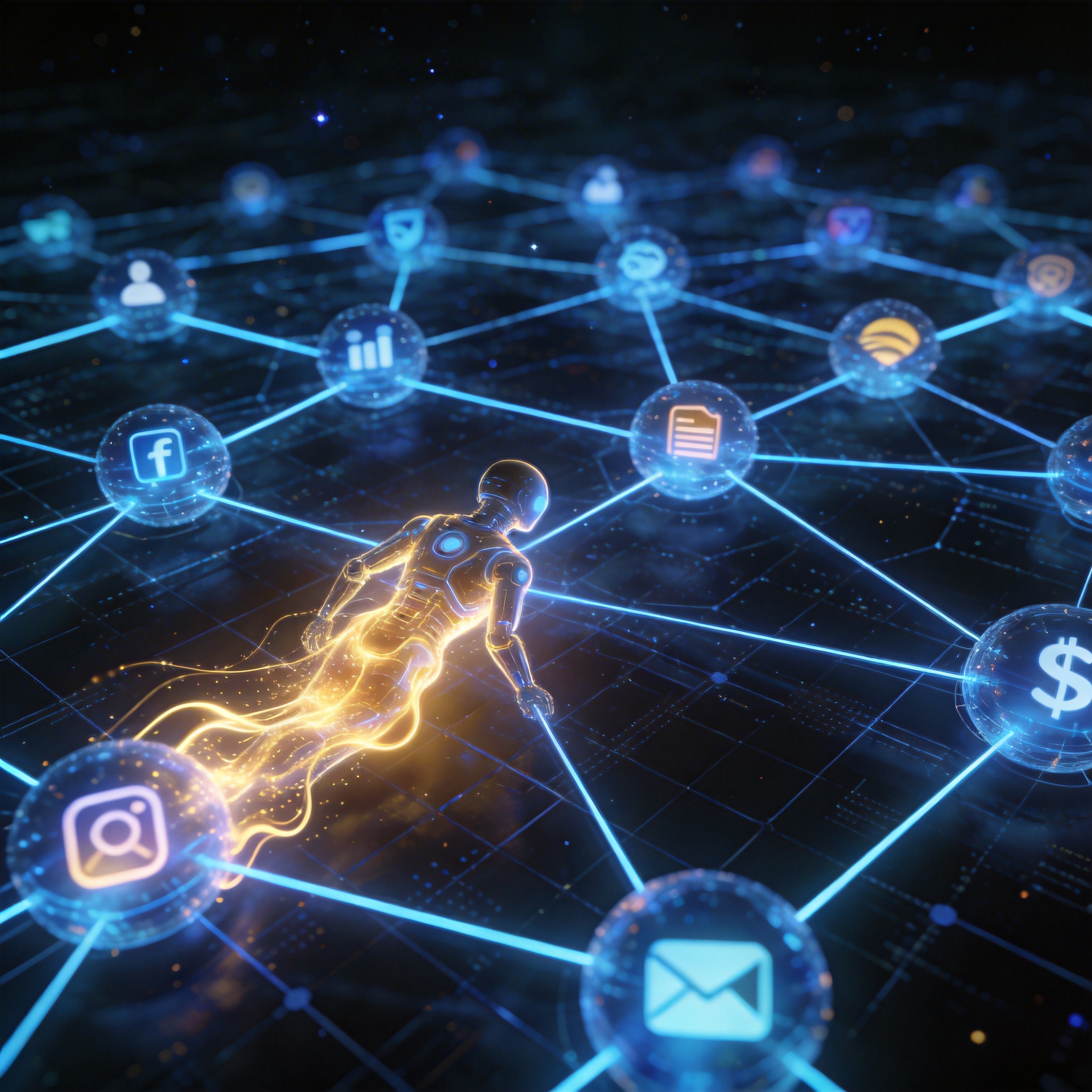 Abstract digital network of platforms with a glowing AI agent navigating, symbolizing seamless interaction.